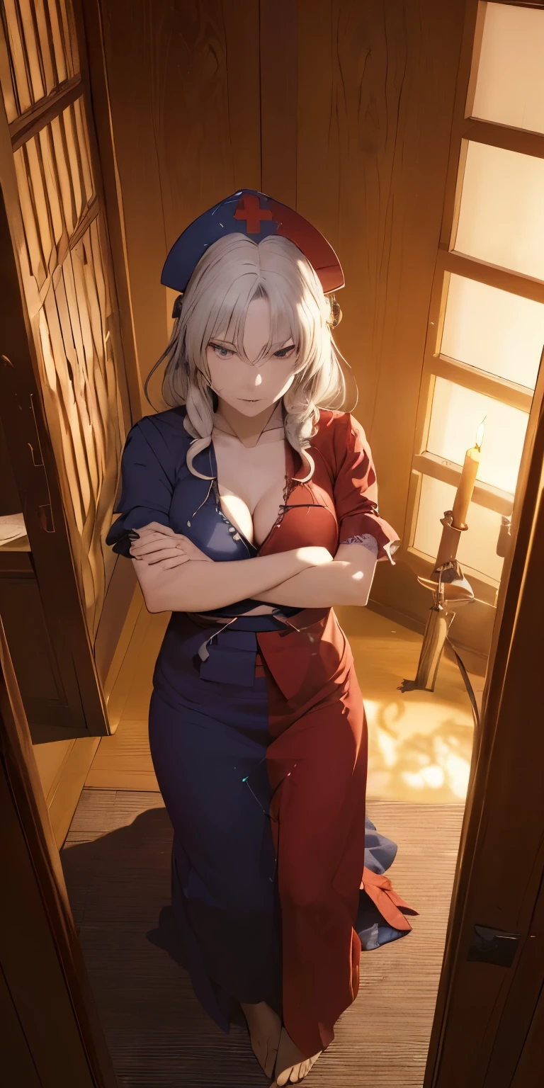 (masterpiece, best quality:1.3), (from above:1.3), Yagokoro Eirin, Touhou Series, perfect face, expressive eyes, 1woman, looking at viewer, 38 years old, gorgeous body, big breast, beautiful, anime, lora,1woman, silver hair, braid hair, nurse cap, red and blue clothes, long skirt, (evil look, looking down on viewer:1.5), (crossed arms:1.5), (cinematic lighting, realistic, dream-like, enchanting atmosphere:1.5), (photo of a woman in her dark and mysterious environment:1.3), (the woman surrounded by an aura of mystery and intrigue:1.3), (a japanese-style hallway and fusuma doors extend all the way to the back:1.3), (candles flickering, casting dancing shadows around the room:1.3), (the dim lighting adding to the ambiance of secrecy and mysticism:1.3), (a crystal ball nearby, adding to the mystical setting:1.3), (symbols of astrology and esoteric knowledge decorating the room:1.3), (a hint of incense in the air, adding to the sensory experience:1.3), 