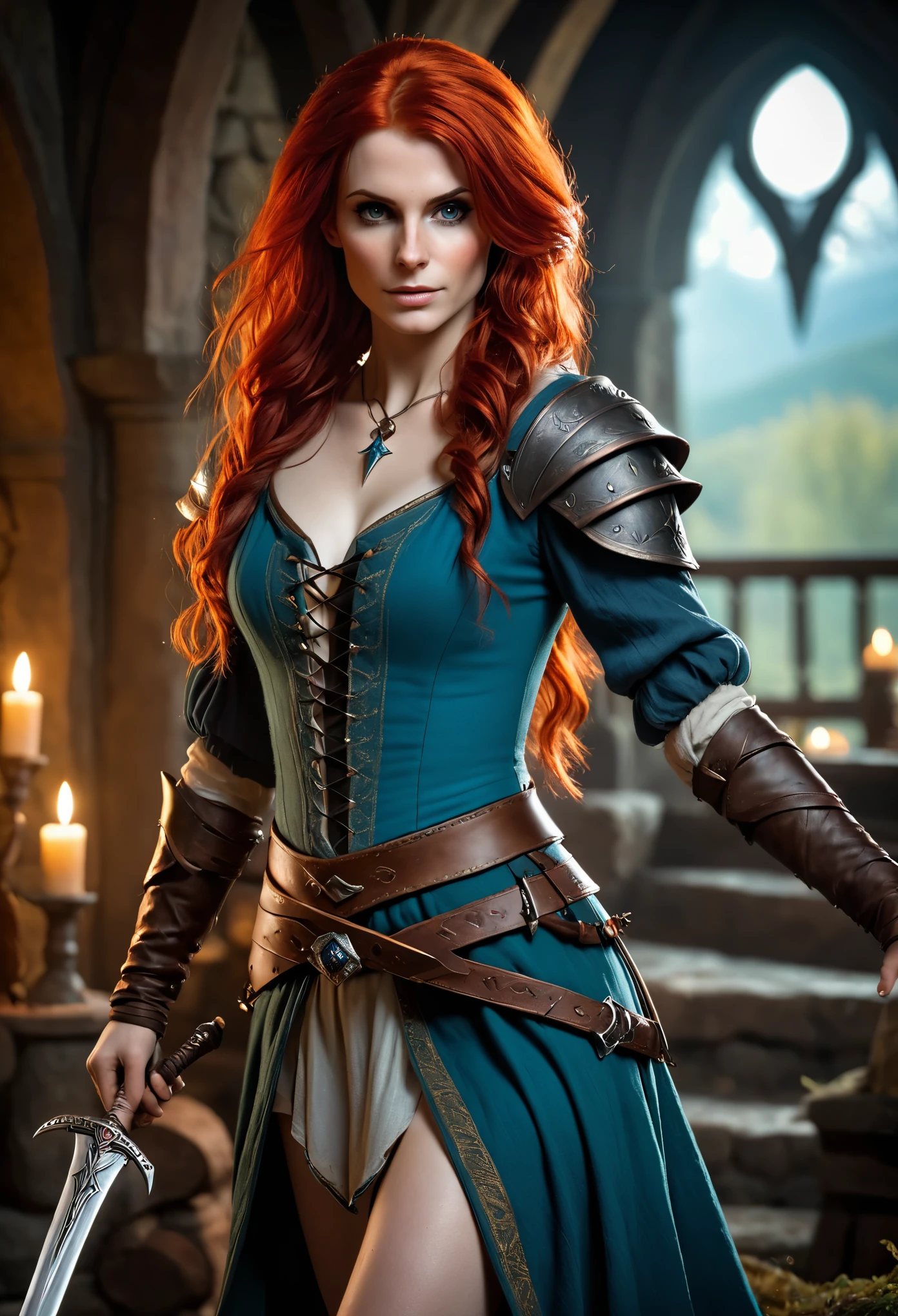 (realistic:1.2), Analog photo, RAW, sorceress with red hair and tiny clothes, Triss Merigold, fantastic setting in "witcher" style, whole body, soft natural light, Cute and sexy, pleasure, detailed face and eyes, best quality, masterpiece, holding a short dagger in his right hand, detailed fantasy background with medieval setting, (quality: 16 thousand.), modern. Highly stylized. depth of field, bokeh effect, with backlight, styleный, elegant, Breathtaking, visually rich, masterpiece full body shot.