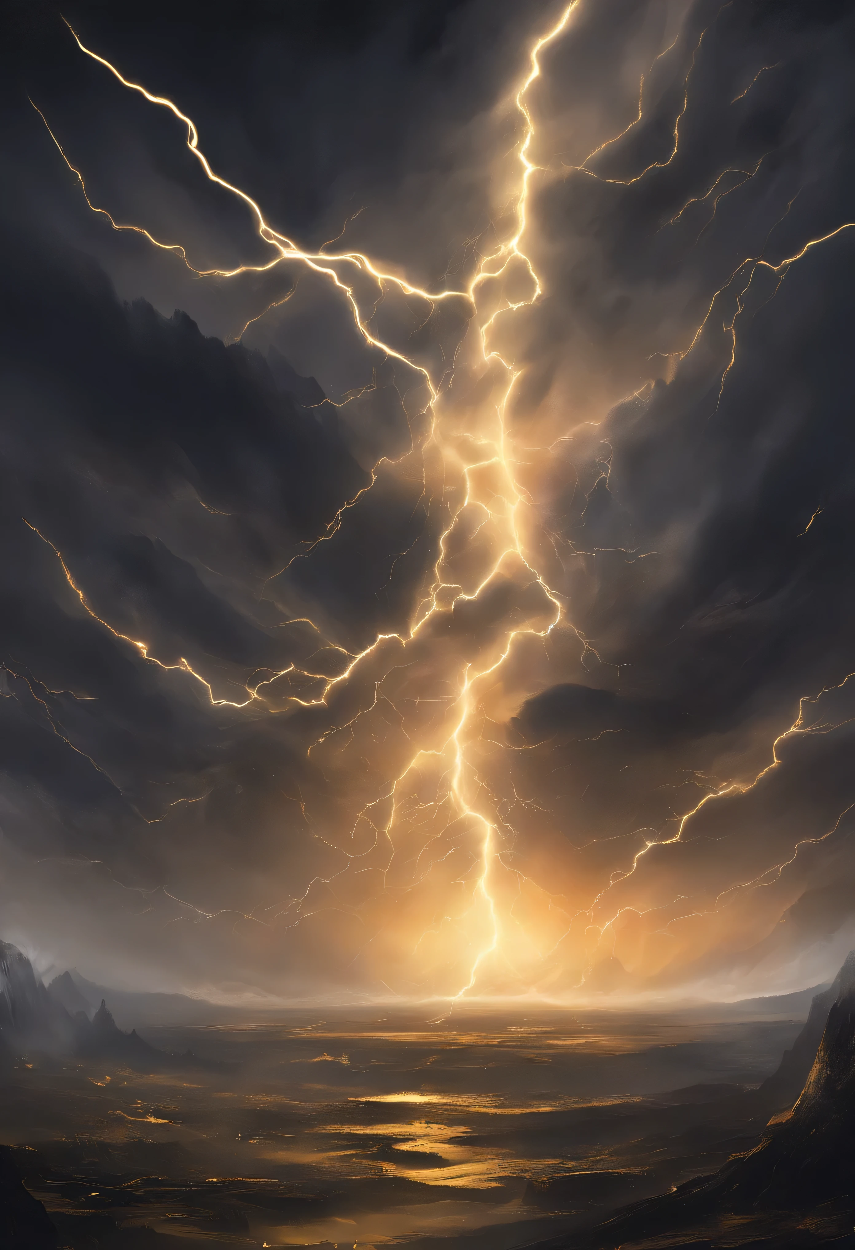 Black gold thunder and lightning，thunder clouds，lightning风暴，scary and huge，lightning，universe，transcend，world，surface，horizon