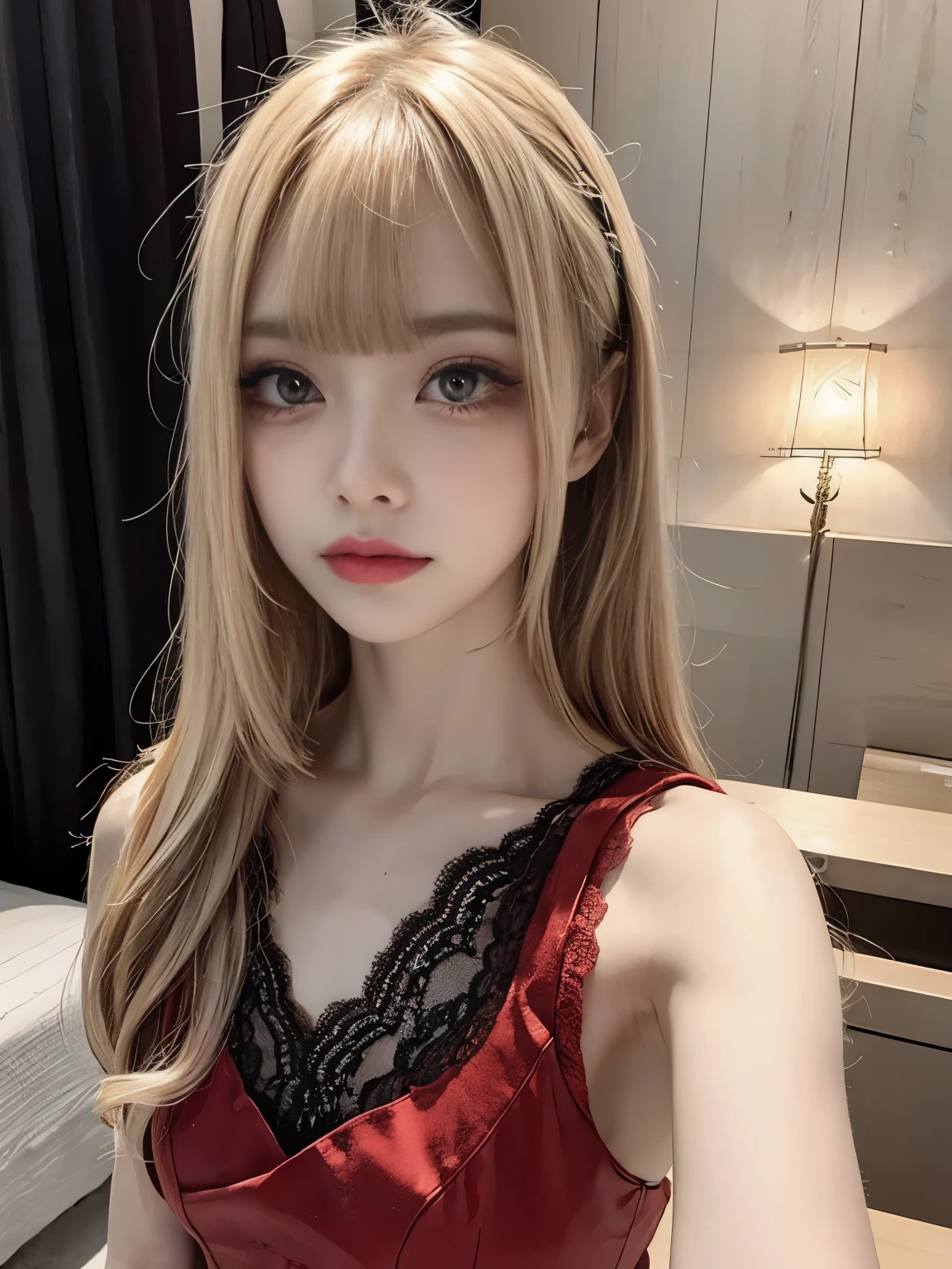 raw photo, 8k, (top-quality), Realistic, (real picture, Intricate details), (natural skin texture, detailed skin, hyper realism, sharpness), (Japanese age girl in a hotel), ((red evening dress, sleeveless, lace dress)), (pale skin:1.2), slender body, ((light blond hair:1.3, long hair, blunt bangs)), (seductive face, expression of sadness, Parted lips:1.3, eye shadow, eyeliner, tear bag:1.2, red lip, undereye circle, crying, shed tears:1.2), night time, spot lighting:1.3, upper body shot