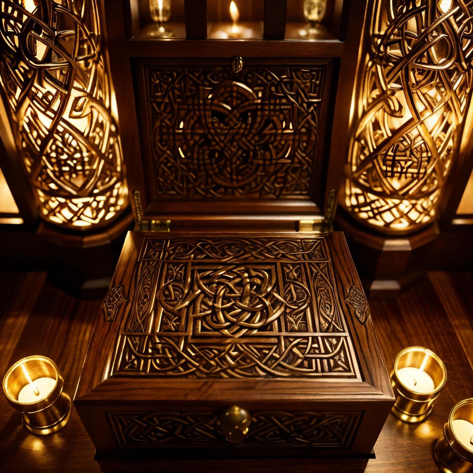 hand-carved celtic puzzle box,polished wood,elaborate celtic knotwork,perfectly fitted wooden pieces,meticulous craftsmanship,hidden compartments,and secret mechanisms,(best quality, highres:1.2),incredible level of detail,shadows and highlights enhancing the texture,antique look,vibrant colors,magical atmosphere,exquisite carvings,playful interaction,satisfying solving experience,rich heritage and symbolism,mystical aura,romantic candlelight,soft and warm lighting,mysterious engravings,whimsical surprises,craftsman's signature,unveiling a hidden treasure,joy and anticipation,curiosity piqued,meticulously engraved patterns