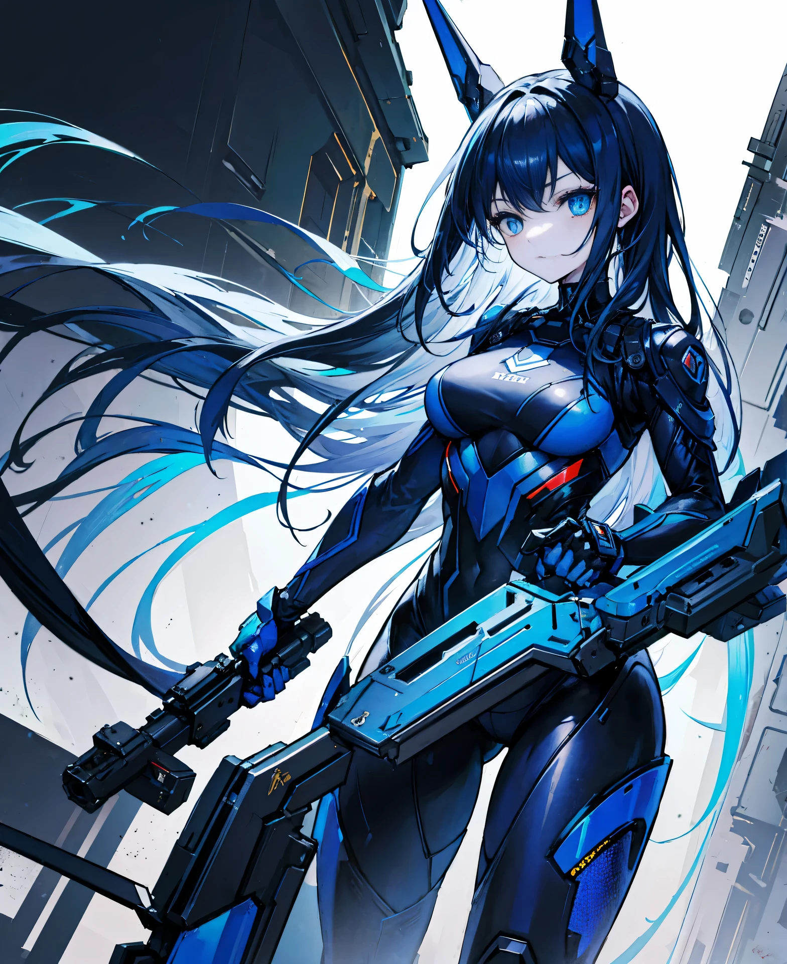 no background,girl,carry a firearm,Enamel style tight suit,use of firearms,dark blue long hair,attention arousal,blue colored eyes,no gradation