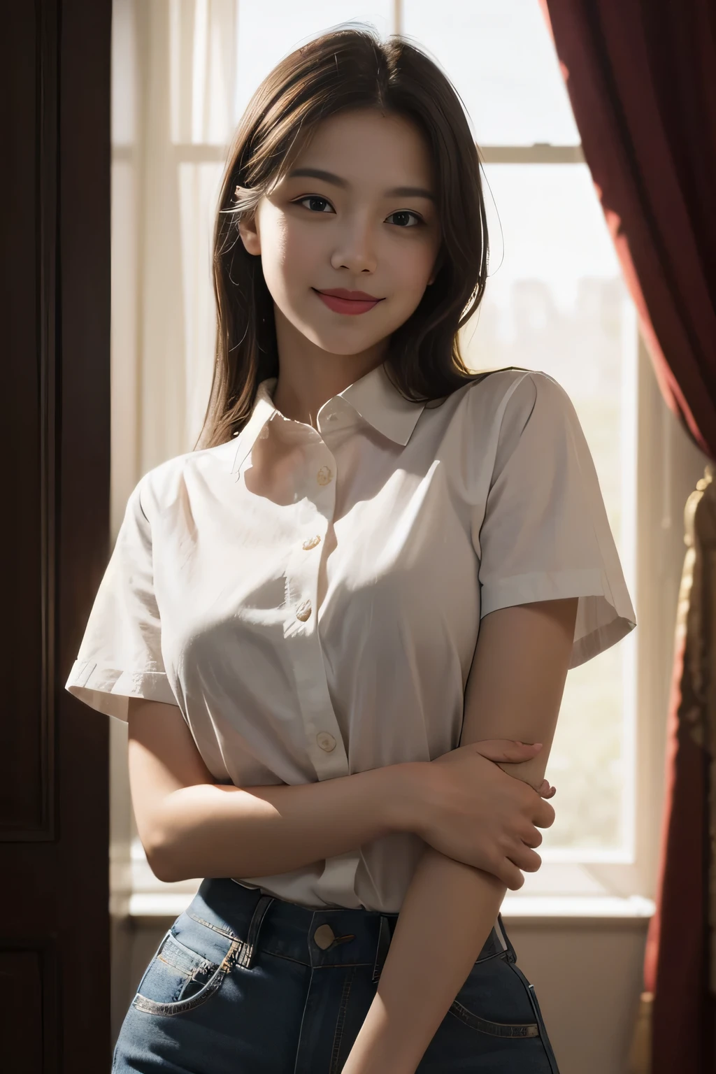 best quality, masterpiece, (photorealistic:1.4), 1girl, light smile, shirt with collars, waist up, dramatic lighting, from below