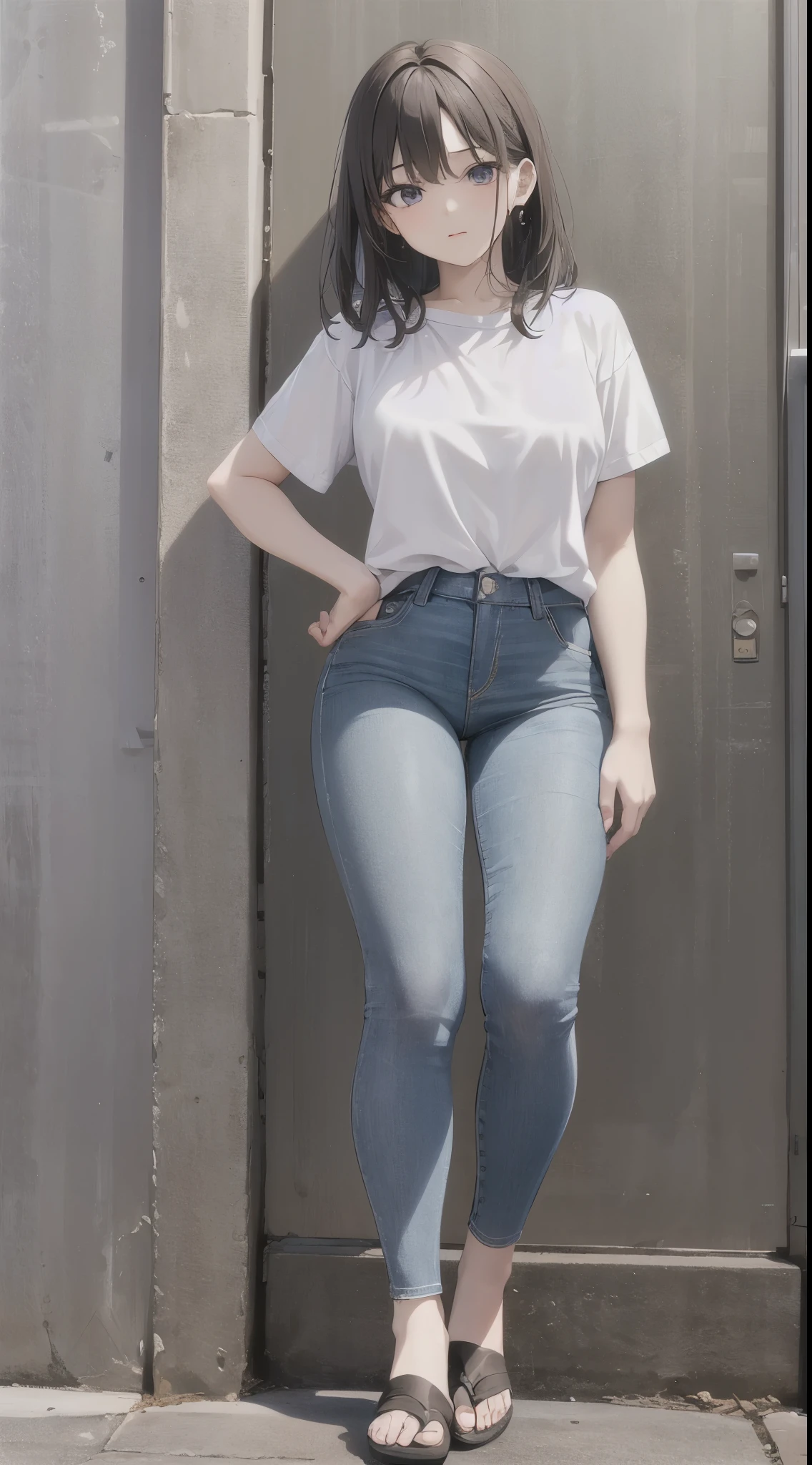 1 girl, medium hair color black, eyes color black light skin, body type thin, 160cm, age 18 years old, full body, wearing white shirt and blue shorts jeans and sandals, pose stand looking to front,