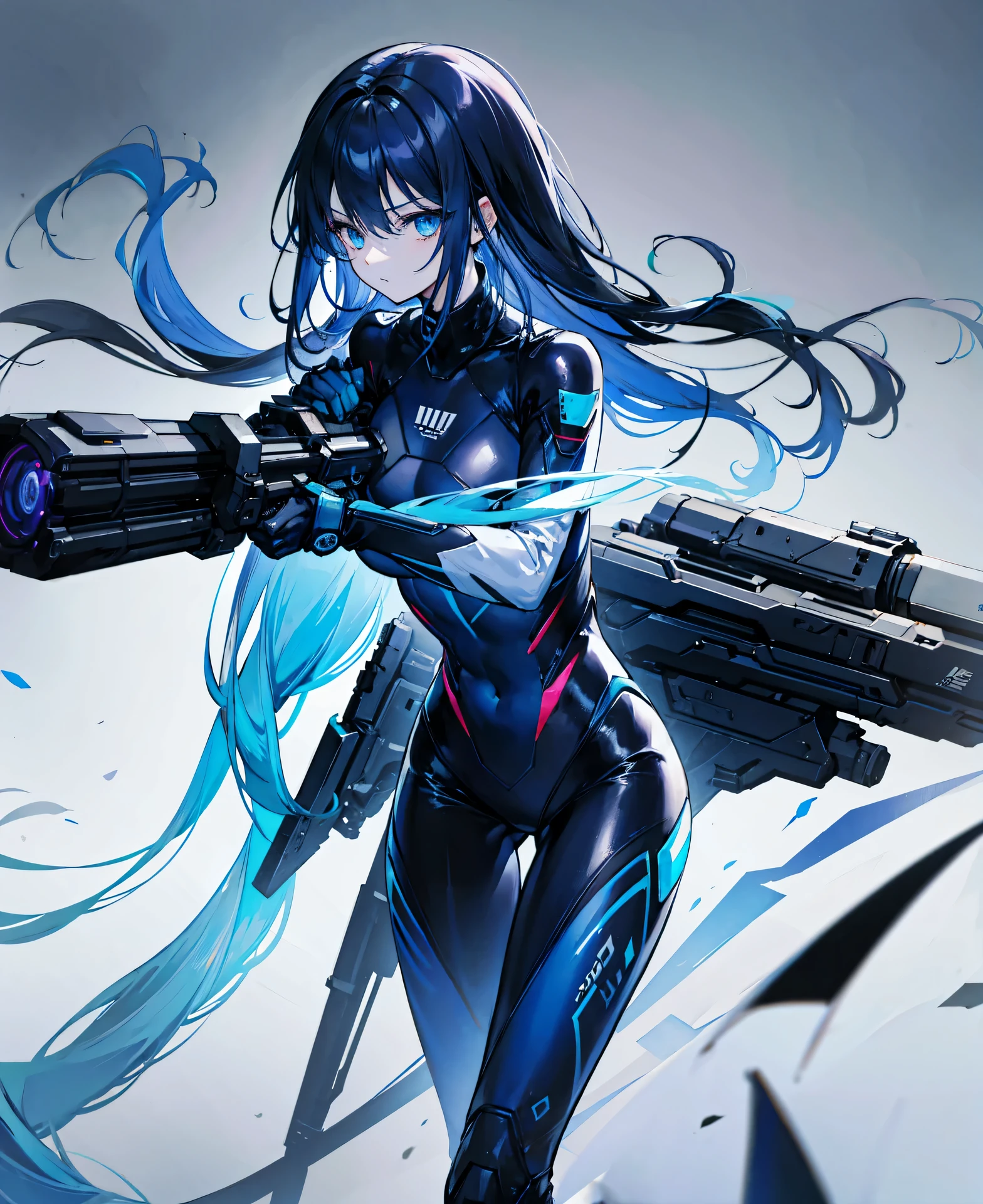 no background,girl,carry a firearm,Enamel style tight suit,use of firearms,dark blue long hair,attention arousal,blue colored eyes,no gradation