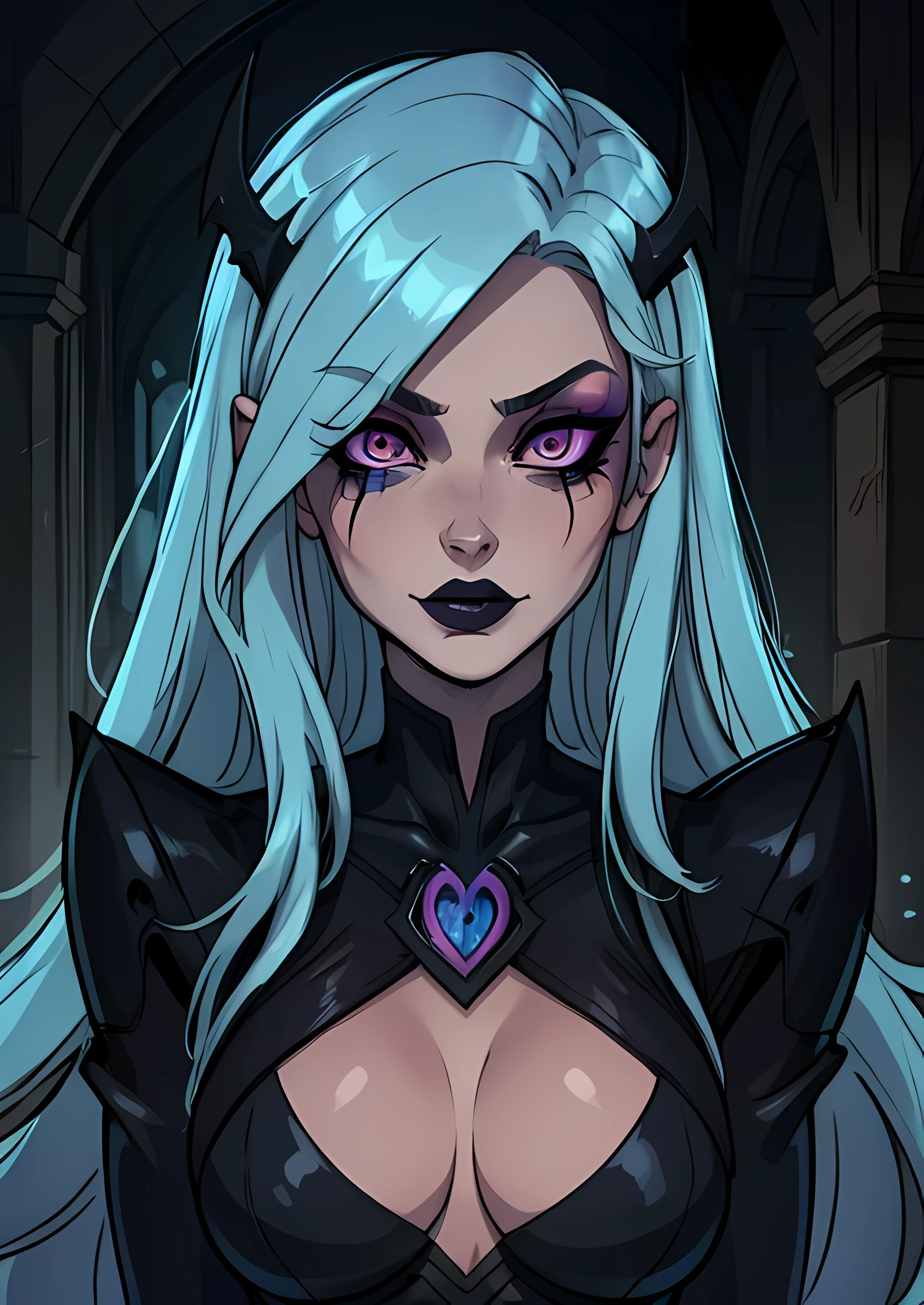 masterpiece, best quality, 1female, face portrait, goth girl, intense makeup, straight hair, Death_Sworn_Katarina, glow eyes