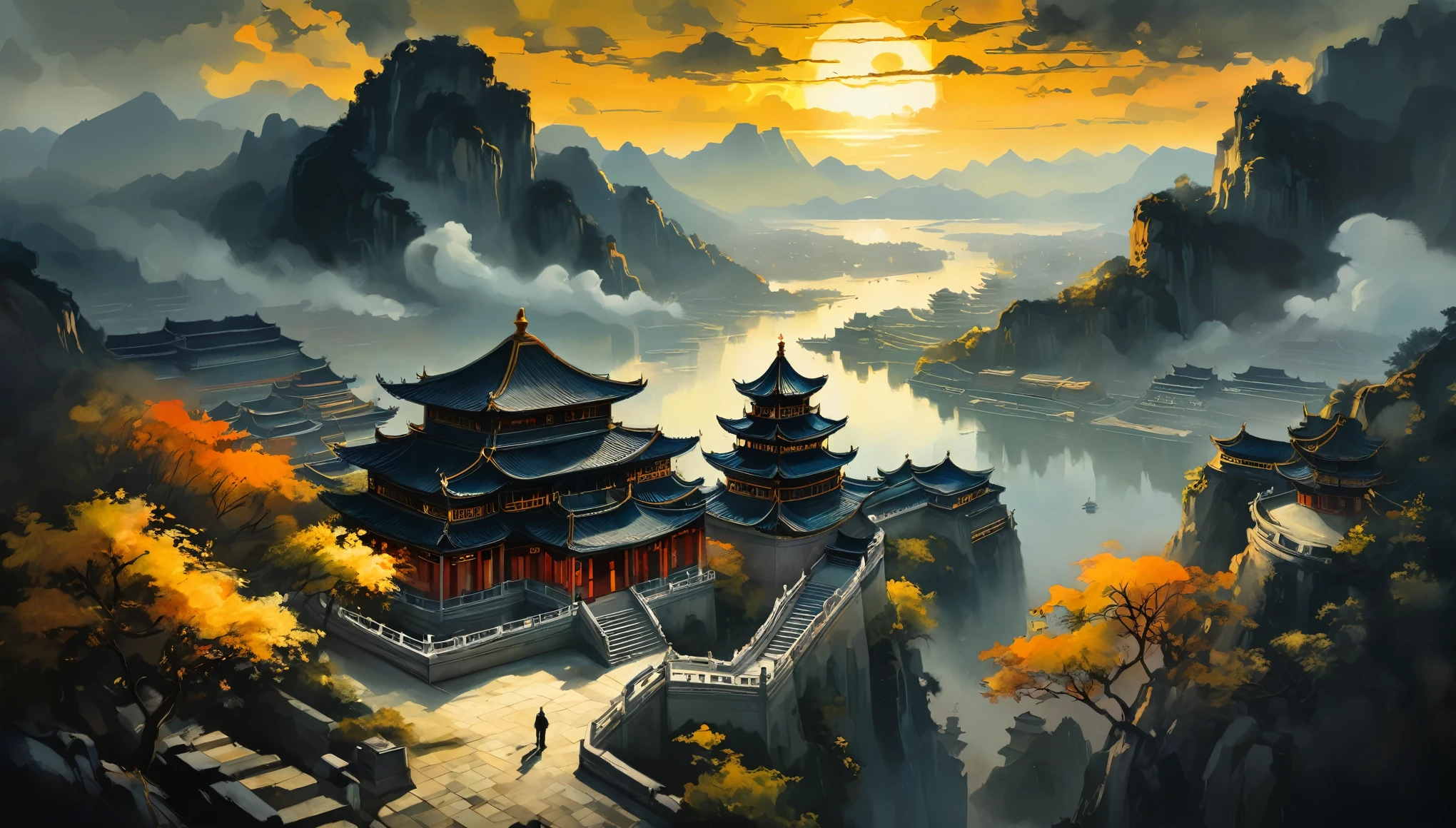 (((bird's eye view))), Cartoon Watercolor & Oil painting illustration, Show one ((Chinese palace complex)) Sunset前的山谷里, king liam style, Peaceful and serene, 2D game art, Ultra HD graphics, Somber and drab color palette,black,grey,Dark tone watercolor cartoon & Joseph Ann Lindecker (Joseph Christian Ryndek) Oil painting & Joseph Ann Lindecker (Joseph Christian Ryndek) of paintings & 约瑟夫·法利of paintings & James Jean & Anders Zorn & Jeremy Mann & alfans muzar, moving images, flowerpunk, intricate details, Dynamic, dramatic lighting, backlight, harrowing, bright colors, Sunset, cumulus, More detail, Movie lighting feel, long shadow, saturated contrast