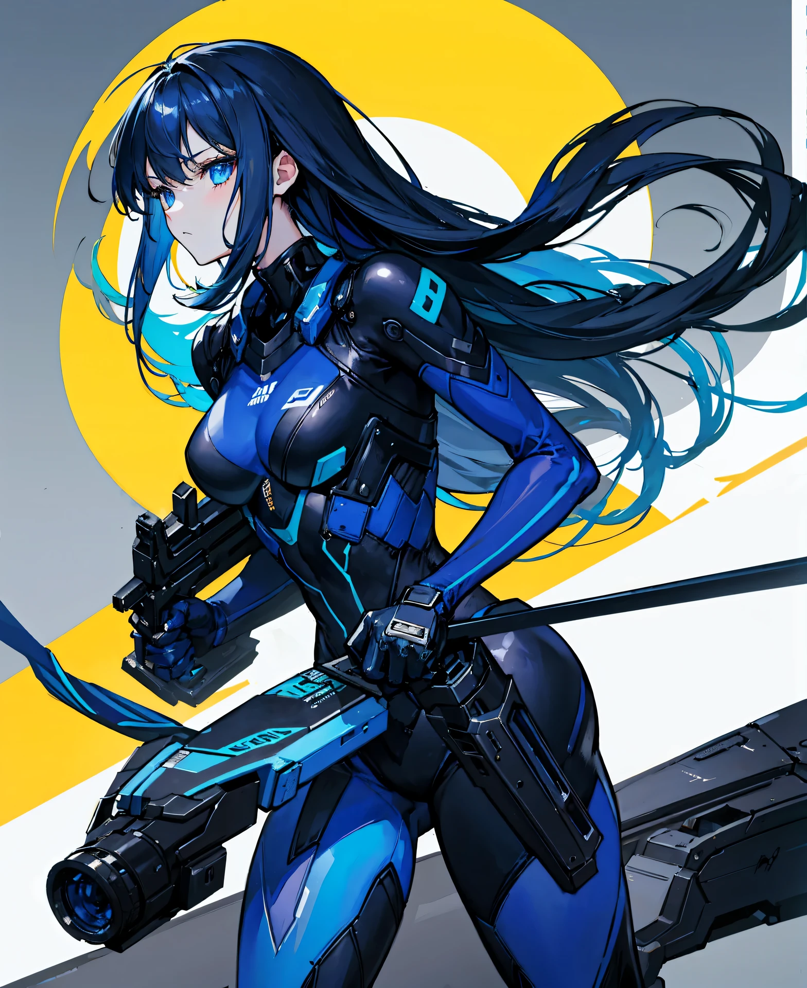 no background,girl,carry a firearm,Enamel style tight suit,use of firearms,dark blue long hair,attention arousal,blue colored eyes,no gradation