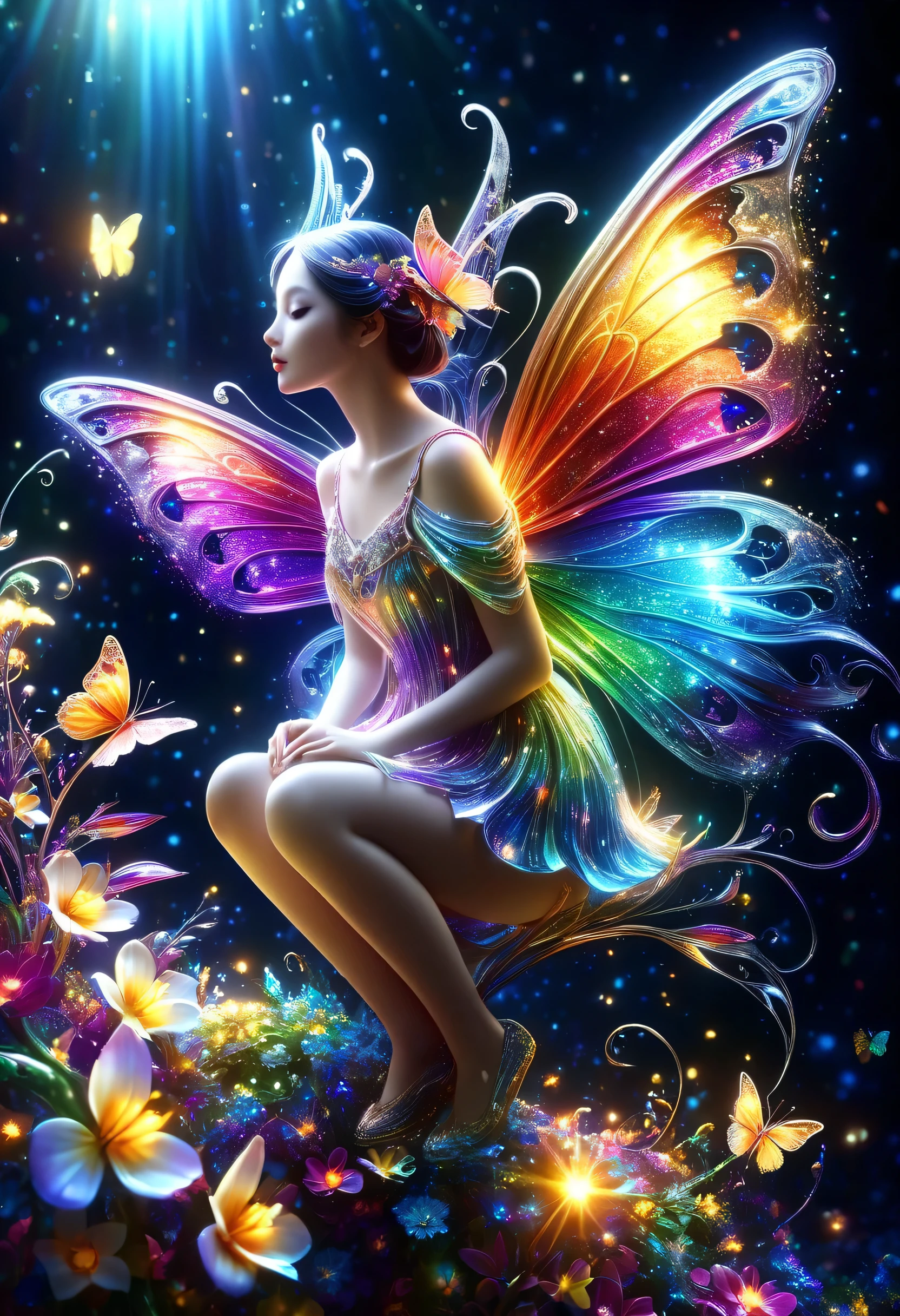 暗闇の中を羽ばたくbutterfly々shine、As beautiful as a dream、It touches my heart.,butterfly々:Rainbow-colored:seven colors:luminescence:shine,dark background,flash,とてもflash,masterpiece,最高masterpiece,best configuration,beautiful sight,dream-like,優しくshinebutterfly々,gracefully,rendering,unreal engine,Elements of Zentalg,intricate details,gracefully描く,with great care,particles of light:shine鱗,rich colors,colorful,anatomically correct,beautiful light and shadow,Mysterious,fantasy,fantasy,digital art,perch on a flower