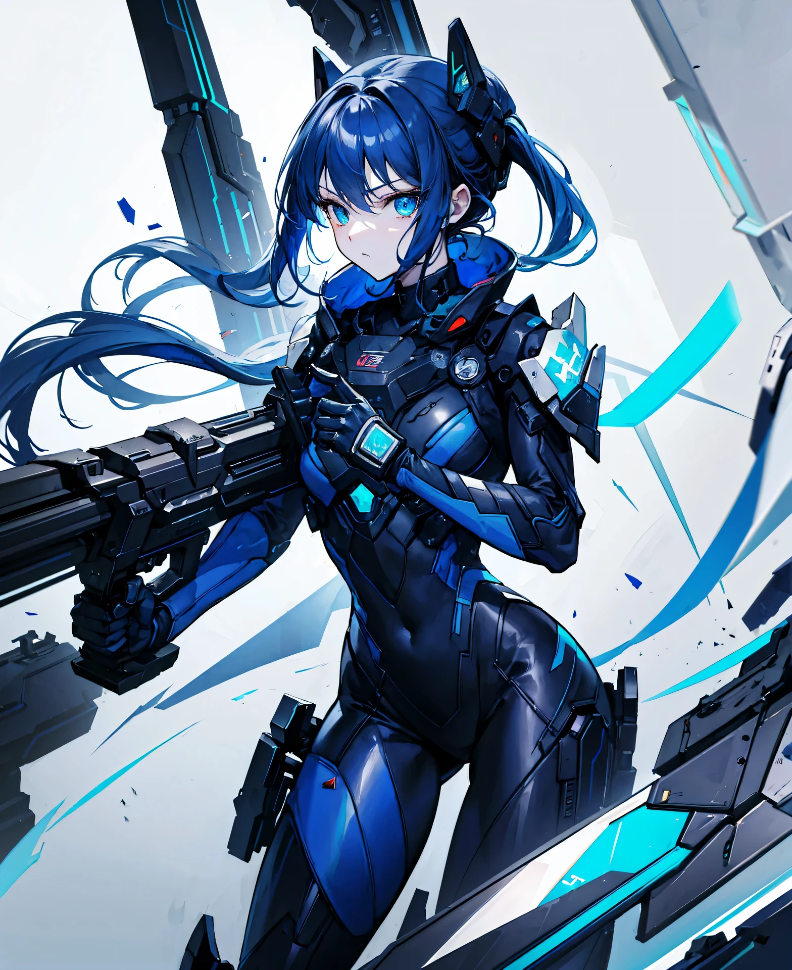 no background,girl,carry a firearm,Enamel style tight suit,use of firearms,dark blue long hair,attention arousal,blue colored eyes,no gradation