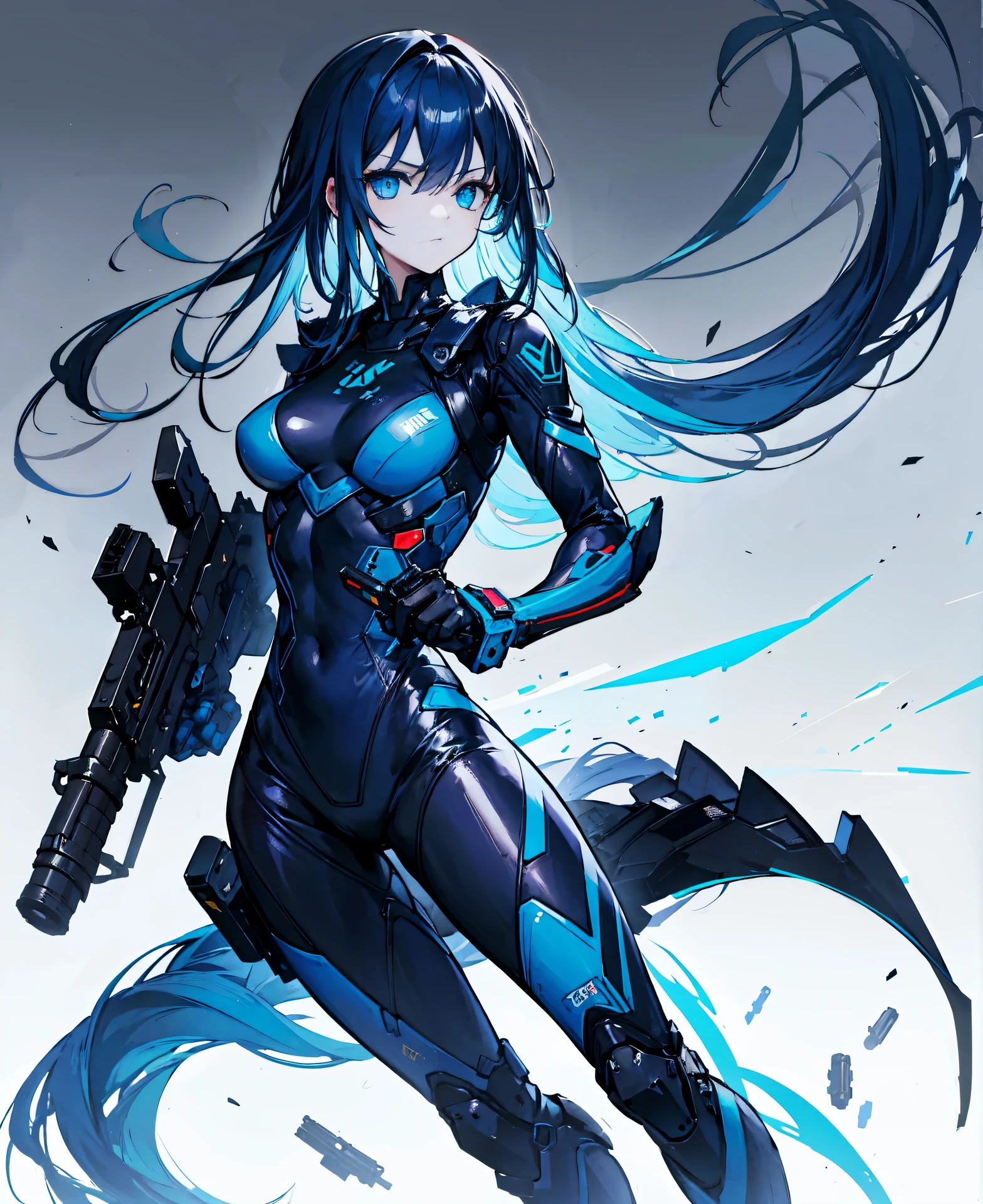 no background,girl,carry a firearm,Enamel style tight suit,use of firearms,dark blue long hair,attention arousal,blue colored eyes,no gradation