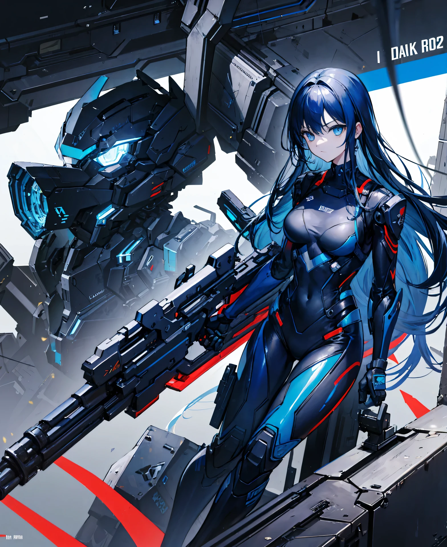 no background,girl,carry a firearm,Enamel style tight suit,use of firearms,dark blue long hair,attention arousal,blue colored eyes,no gradation
