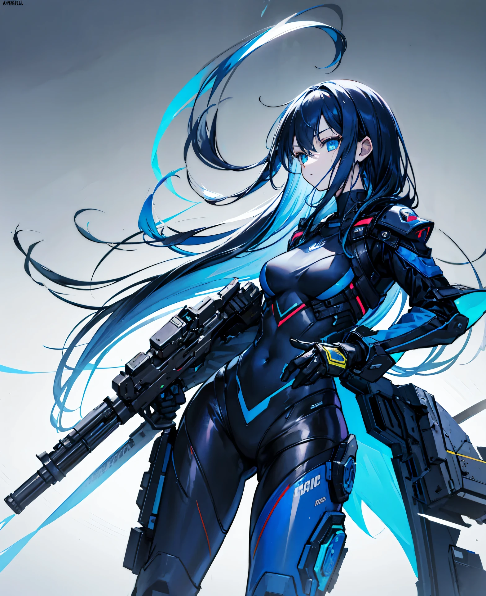no background，girl，carry a firearm，Enamel style tight suit，use of firearms，dark blue long hair，attention arousal，blue colored eyes,no gradation