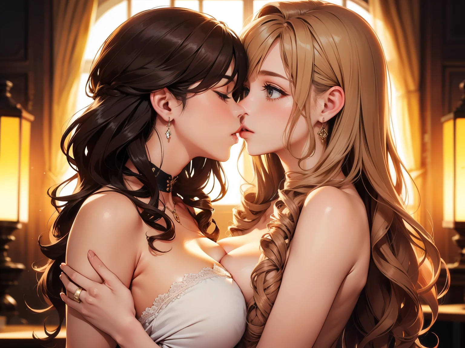 Female couple kissing naked woman on wedding stage, (SFW) Work, kissing together cutely, Girl Love Art, OPPEIN, Side milk, Slightly saggy big breasts, small breasts, (((Extra long yellow curly hair))), (((Straight hair with brown bangs on shoulders))), (girl love kiss), The mouth is very detailed, (girl love hug), touch her clothes, (touch her breasts), SFW version