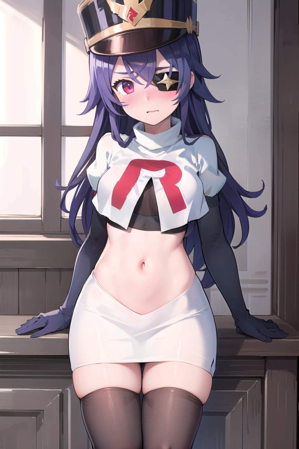((masterpiece,best quality)), 1girl, chevreuse, shako cap, eyepatch, blush, team rocket,team rocket uniform, red letter R, white skirt,white crop top,black thigh-highs,black elbow gloves, embarrassed, blush