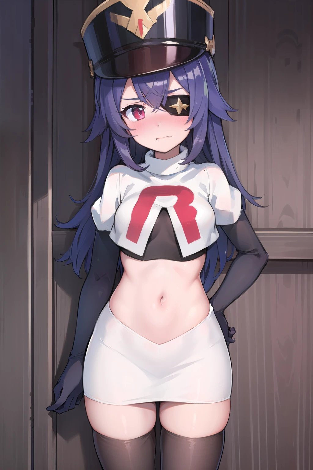 ((masterpiece,best quality)), 1girl, chevreuse, shako cap, eyepatch, blush, team rocket,team rocket uniform, red letter R, white skirt,white crop top,black thigh-highs,black elbow gloves, embarrassed, blush