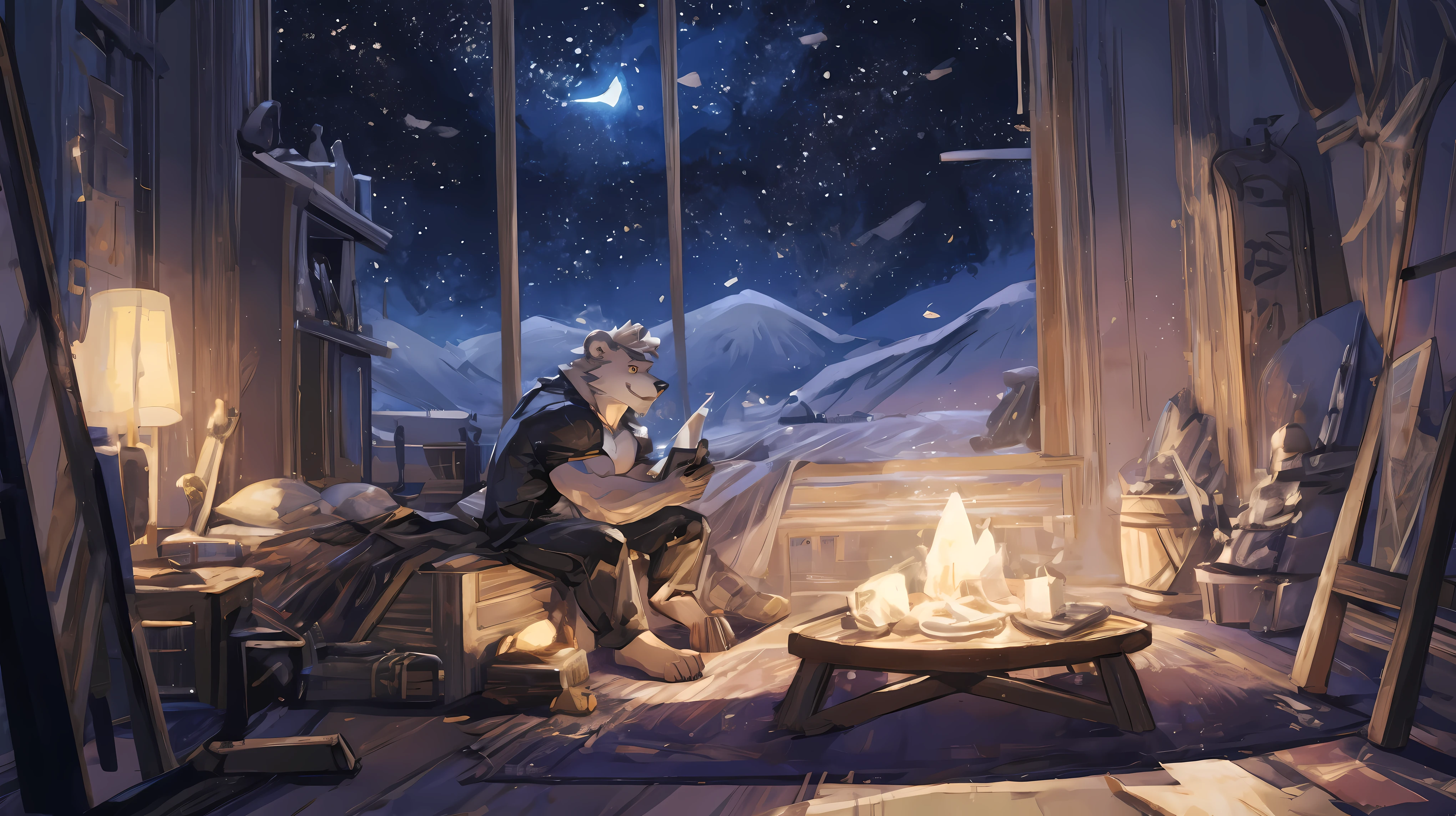 (masterpiece:1.2), best quality,pixiv,official art,perfect anatomy, (Light线追踪, Light),alone, (1_male:1.3) , (muscle), (gray fur:1.4), (muscle bear), (beard:1.2), (闪闪发Light的金色眼睛), thick eyebrows, naked , blanket, bedroom, Lying in bed, french windows , galaxy ,Star