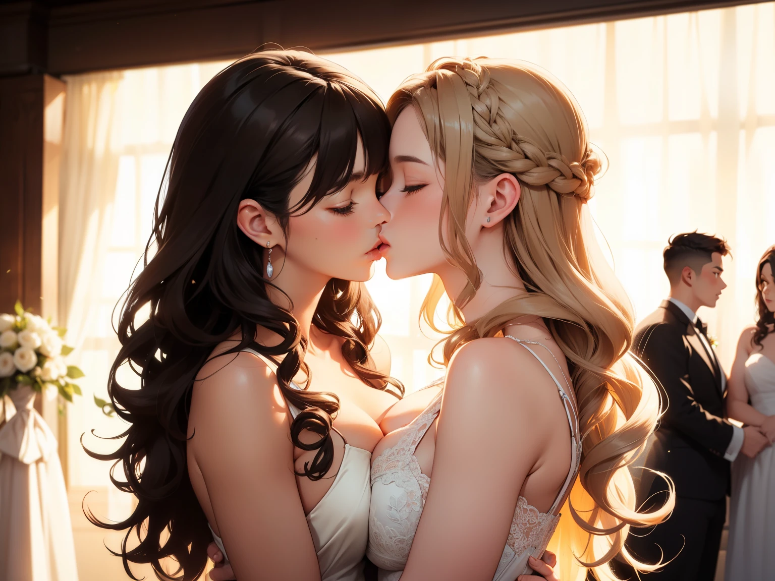 Female couple kissing naked woman in wedding dress on wedding stage, (SFW) Work, kissing together cutely, Girl Love Art, OPPEIN, Side milk, Slightly saggy big breasts, small breasts, (((Extra long yellow curly hair))), (((Straight hair with brown bangs on shoulders))), (girl love kiss), The mouth is very detailed,  (girl love hug), touch her clothes, (touch her breasts), SFW version