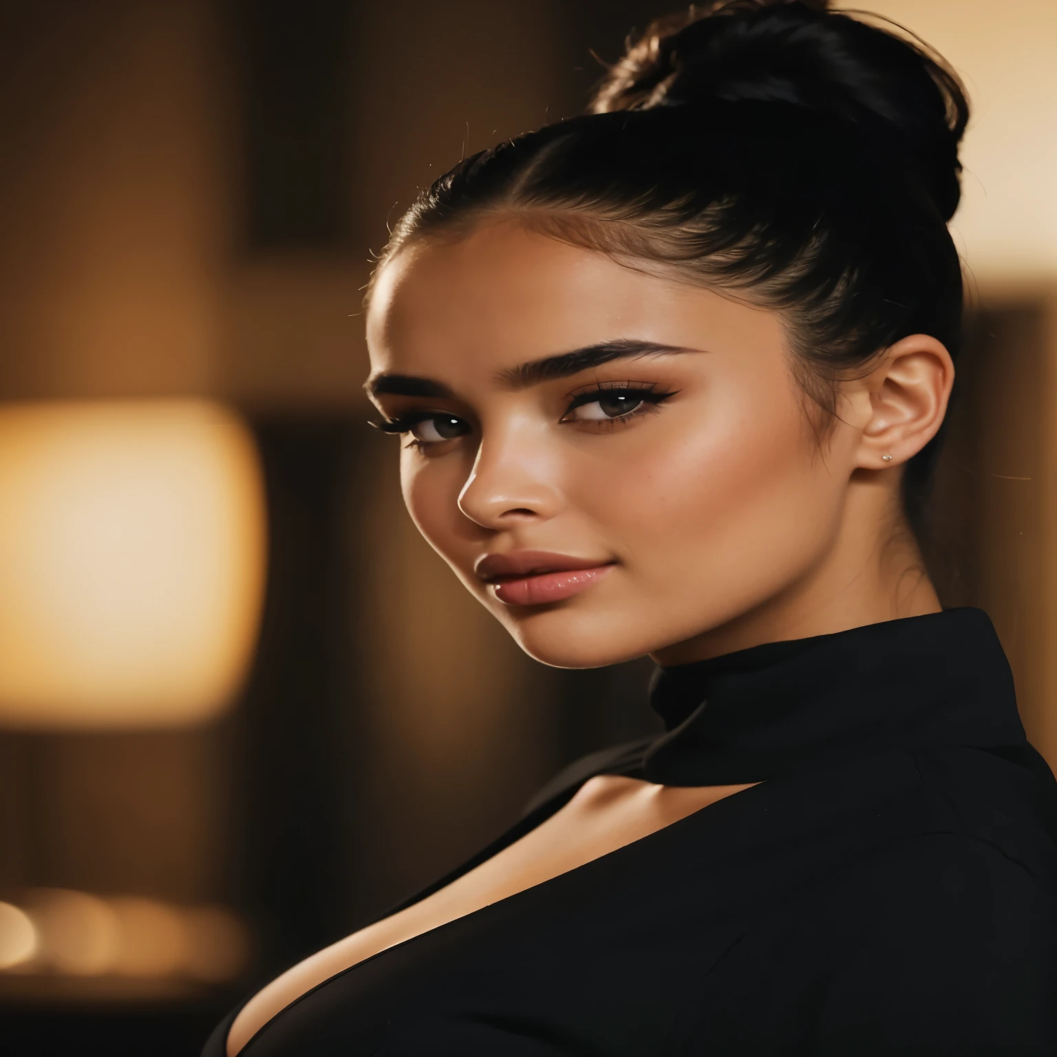 a close up of a woman with a black top and a black shirt, portrait sophie mudd, portrait of demi rose, flawless olive skin, olivia culpo, shanina shaik as medusa, gorgeous woman, clear portrait of demi rose, portrait demi rose, flawless face, perfectly lit face, beautiful model, gorgeous latina face, gorgeous lady, stunning woman, stunning face