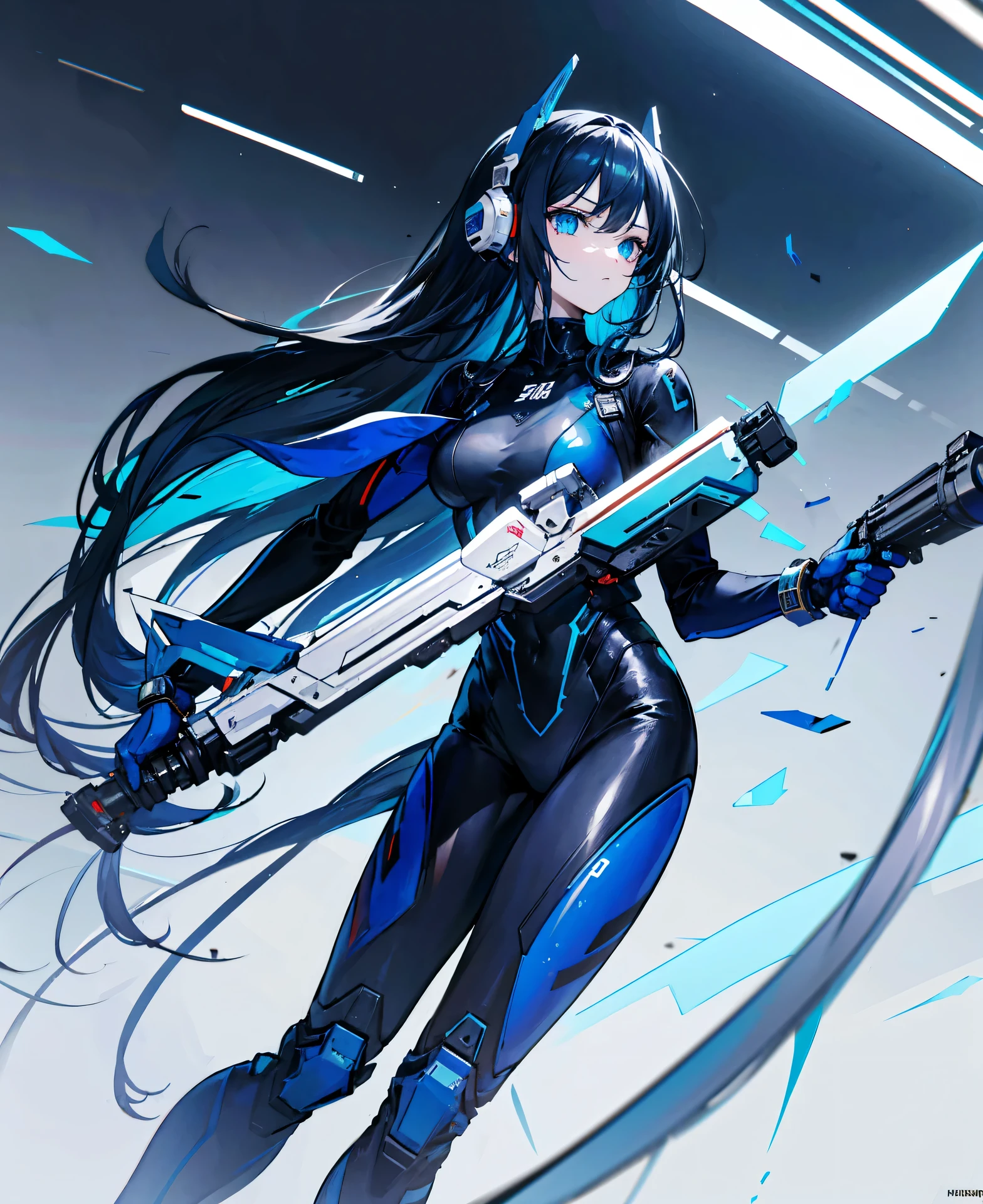 no background,girl,carry a firearm,Enamel style tight suit,use of firearms,dark blue long hair,attention arousal,blue colored eyes,no gradation