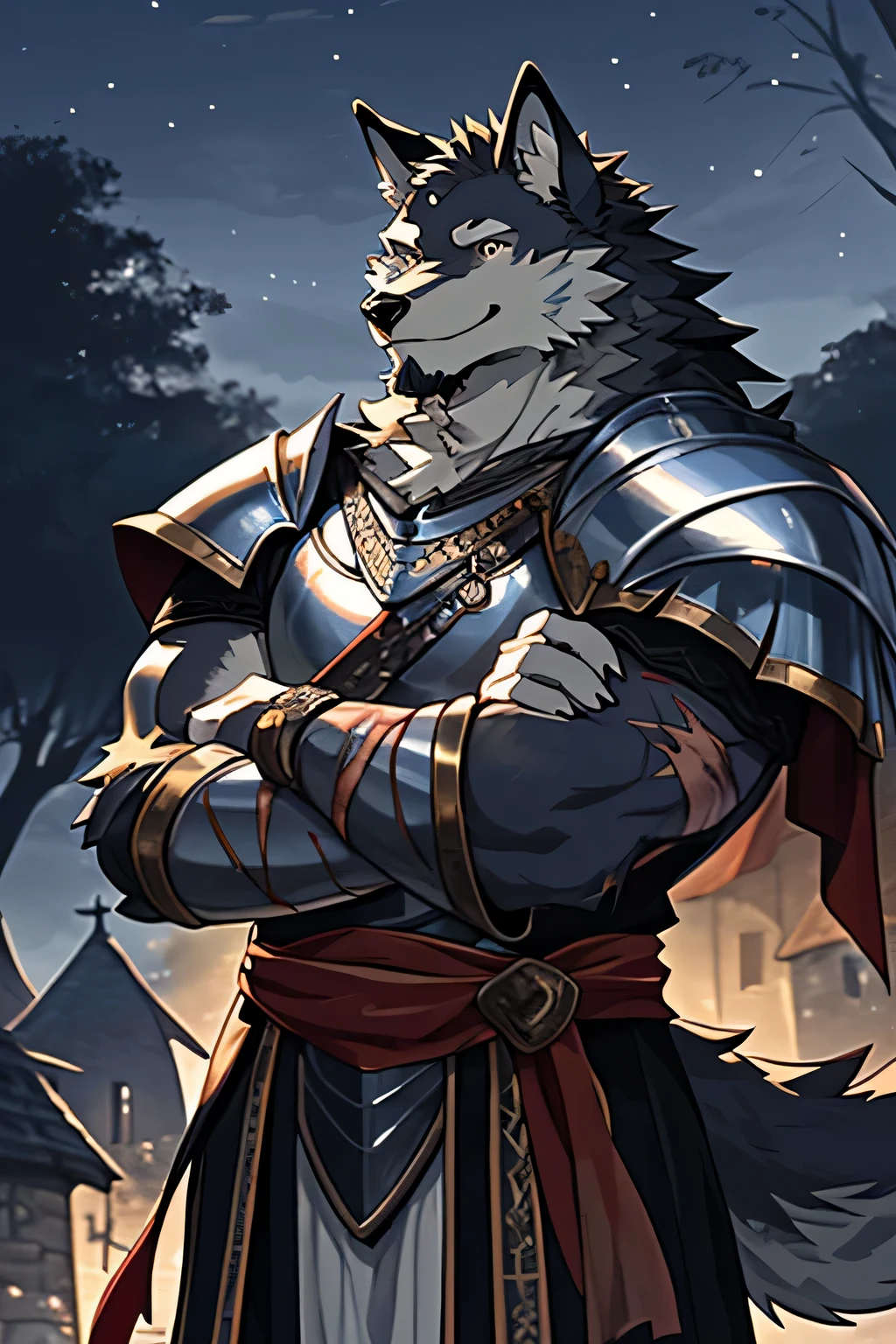 knight sword, (best quality), (masterpiece), (super detailed), sharp focus, Genji, Eye, black Eye, watch_exist_audience, Stand with arms crossed, Smile, hairy, animal_Wolf_ear, light white fur, brown fur, black beard, Upper body, human nature (Wolf), male, (Wolf), middle aged, There are scars on the face and hands, gray body, white belly, muscular, knight costume, village, super detailed face, low light, night, night vibes, Tree