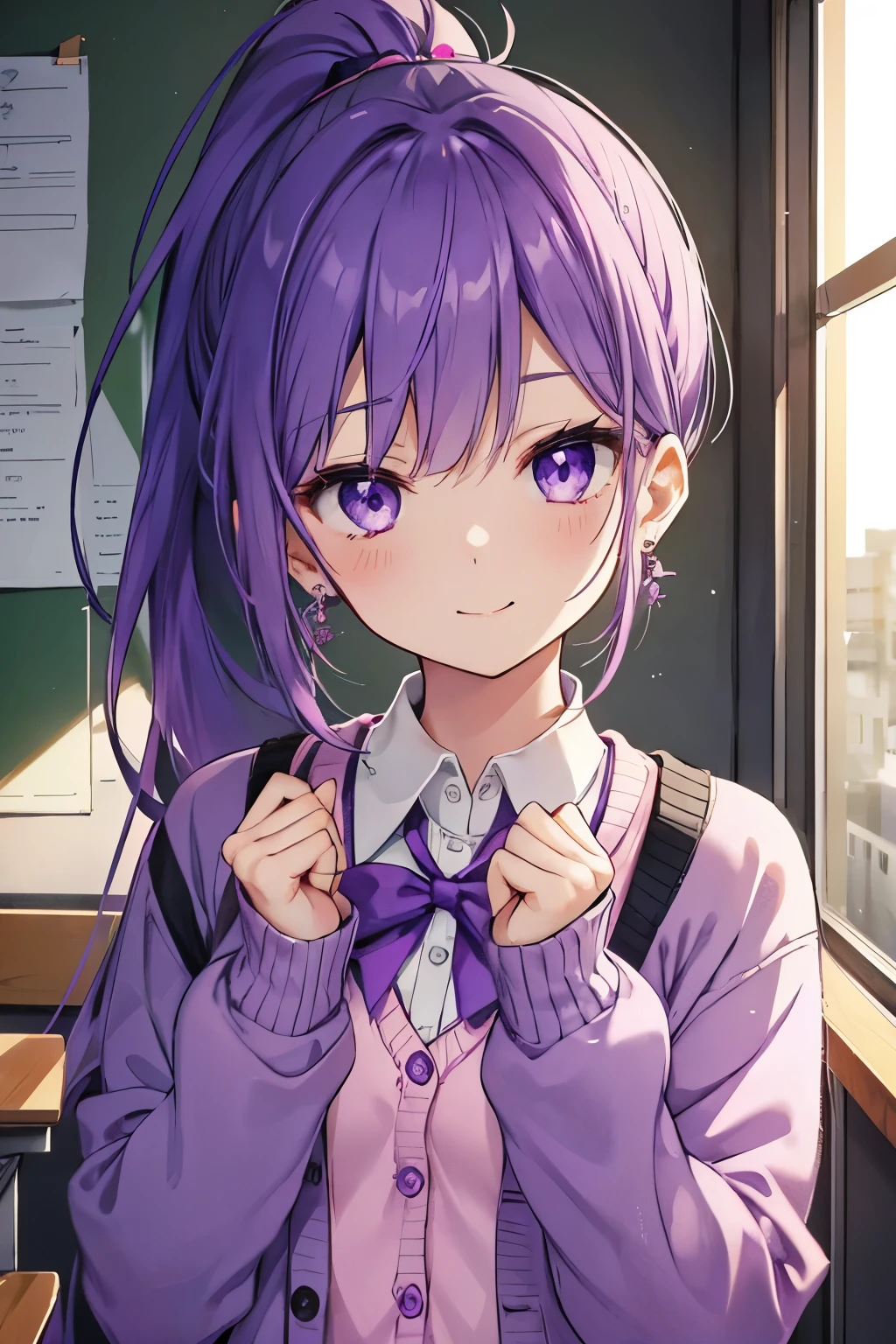 purple hair purple eyes、 girl、small breasts、ponytail、smile、gal girl、wearing cute earrings、uniform、knit cardigan、With eye highlights、Cute Hairpins、The whole body is visible、going to school in the morning