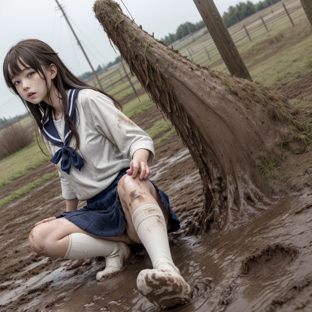 (highest quality,4k,8K,High resolution,masterpiece:1.2),Super detailed,(realistic,photorealistic,photo-realistic:1.37),High resolution、masterpiece、Slender and cute high school girl、Active girl in her early teens、loli face, shortcut、well-groomed face、muddy socks、high school girl sailor suit、(Mud-stained sailor uniform shirt and navy miniskirt)、(muddy white knee socks), (Covered in mudのローファー), schoolyard、Covered in mud、Clothes stained with mud、soaking wet、swamp、playing in the mud、realistic texture、Sleep on the ground、Clothes and body are soiled with dirt、Muddy face、wet hair, dirty upper body, 