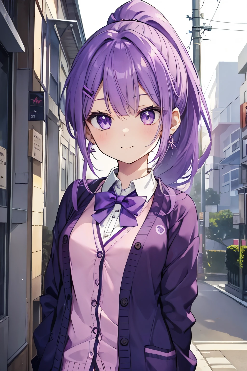 purple hair purple eyes、 girl、small breasts、ponytail、smile、gal girl、wearing cute earrings、uniform、knit cardigan、With eye highlights、Cute Hairpins、The whole body is visible、going to school in the morning