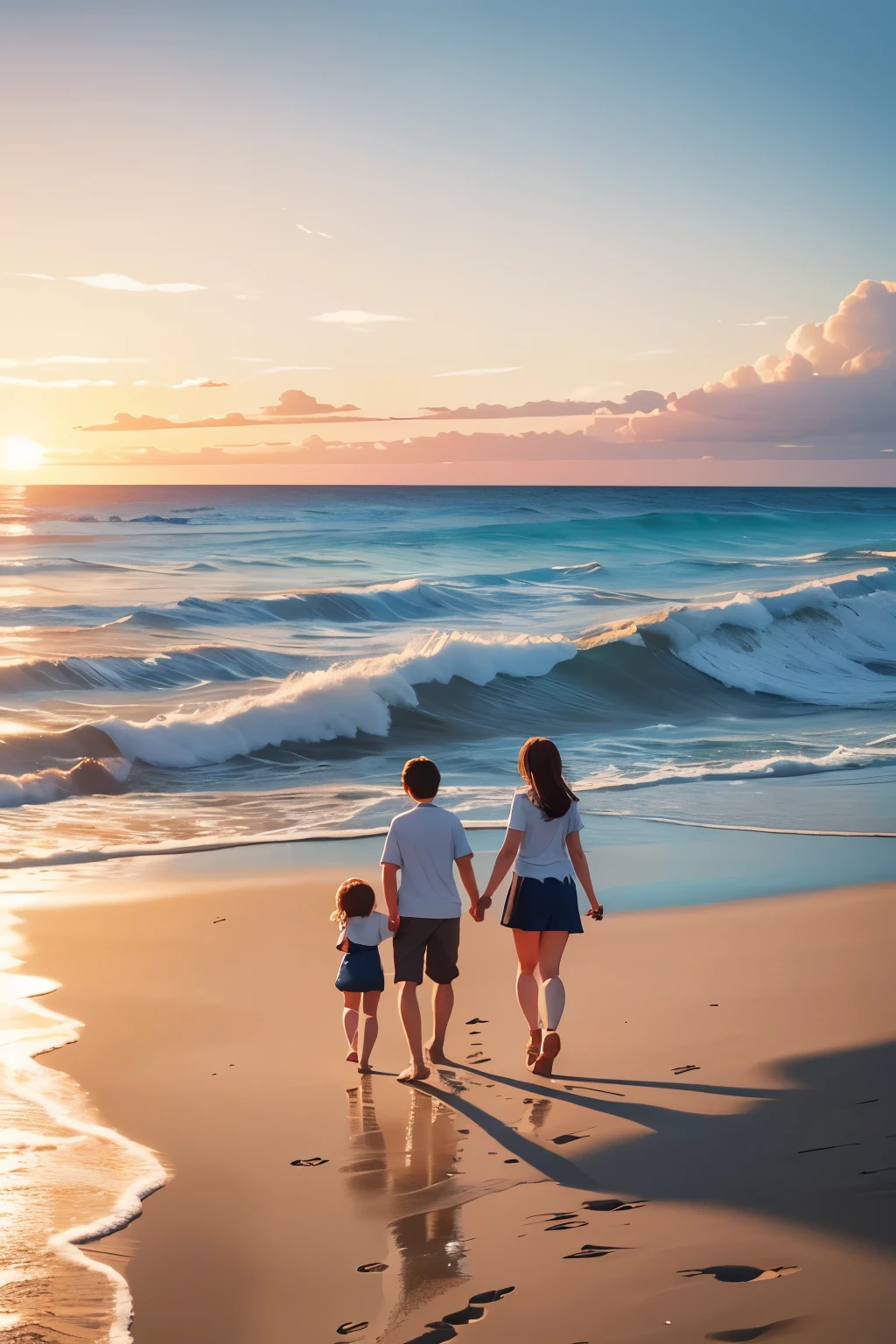 A family of four walks along the sandy beach and the water's edge towards the sunset.
"(setting):(best quality),(masterpiece),(detailed),(ultra detailed),(insanely detailed),(ultra-quality),(highly detailed),(FHD)"
