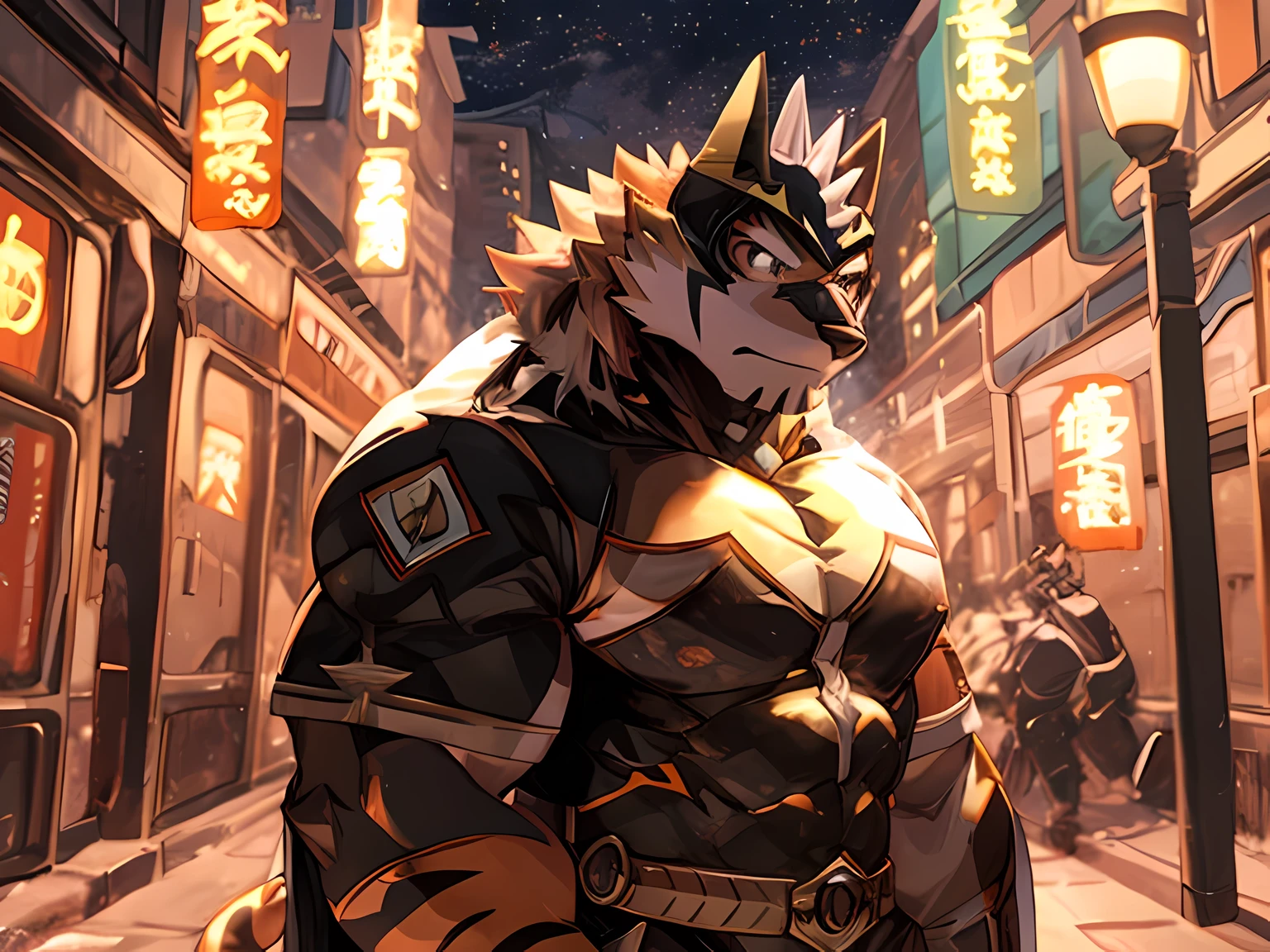 Anthropomorphic, (Solo), Ryekie, Single, Male, Muscle, Lonely, 45 years old, in SWAT clothes, City area, Perfect scaling, Masterpiece, High Definition, Best Drawing, Illustration, By ZiXiong_, standing still, Powered up, Fighting an Villains, Gun Battle, Never give up, Heroes of Justice