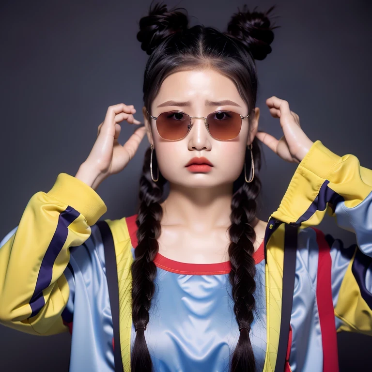 （best quality, masterpiece：1.2）, ID photo of a 13-year-old Chinese girl, sportswear, camisole，Pure cotton，gray background, Surrealism, ultra high definition, textured skin, high detail，facing the camera, 8K crocodile skeleton（（（platinum marble sunglasses）））