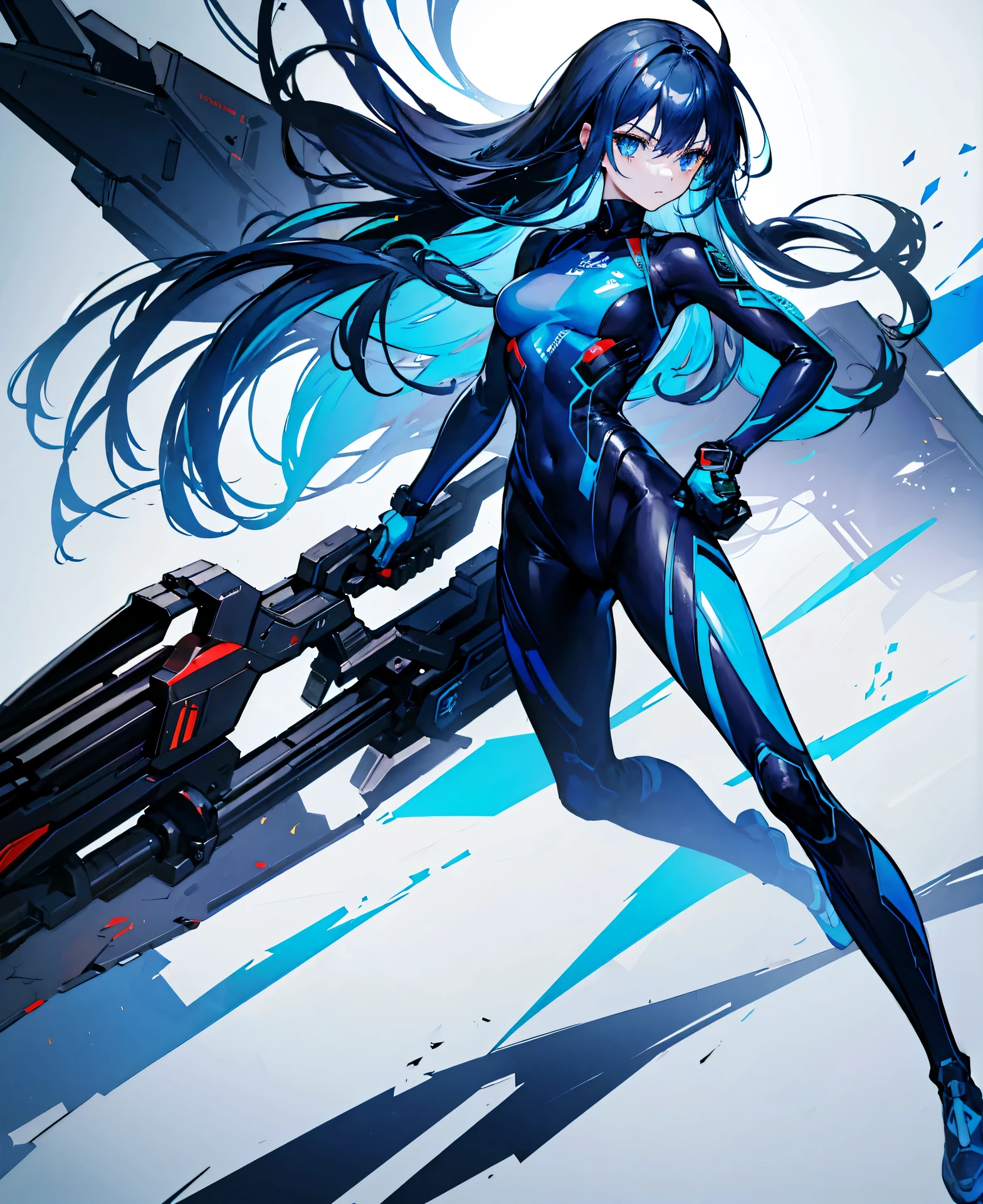 no background，girl，carry a firearm，Enamel style tight suit，use of firearms，dark blue long hair，attention arousal，blue colored eyes,no gradation