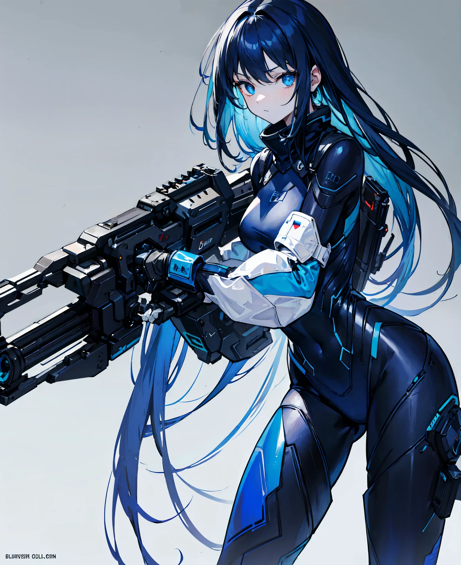 no background,girl,carry a firearm,Enamel style tight suit,use of firearms,dark blue long hair,attention arousal,blue colored eyes,no gradation