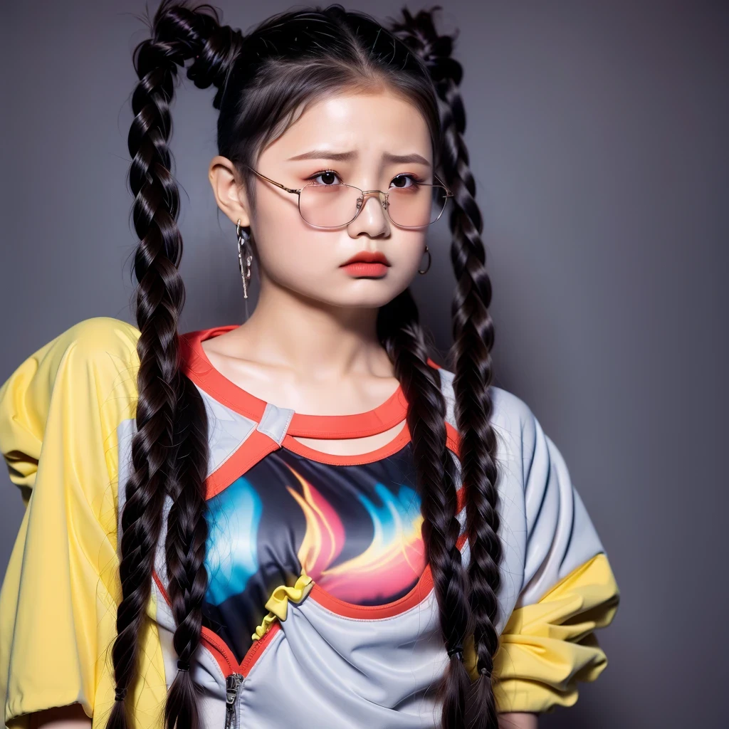 （best quality, masterpiece：1.2）, ID photo of a 13-year-old Chinese girl, sportswear, camisole，Pure cotton，gray background, Surrealism, ultra high definition, textured skin, high detail，facing the camera, 8K crocodile skeleton（（（platinum marble sunglasses）））