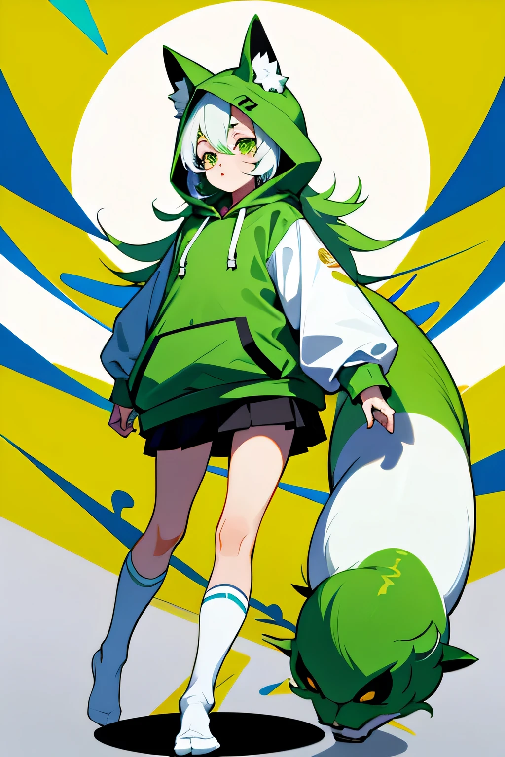 god of destruction,whole body,Fox,alone,黄greencolorの髪(length),Bull's-eye,目のcolor(green),hoodie(color:white),whiteのスカート,socks:knee high socks,(color:black),I don't have shoes