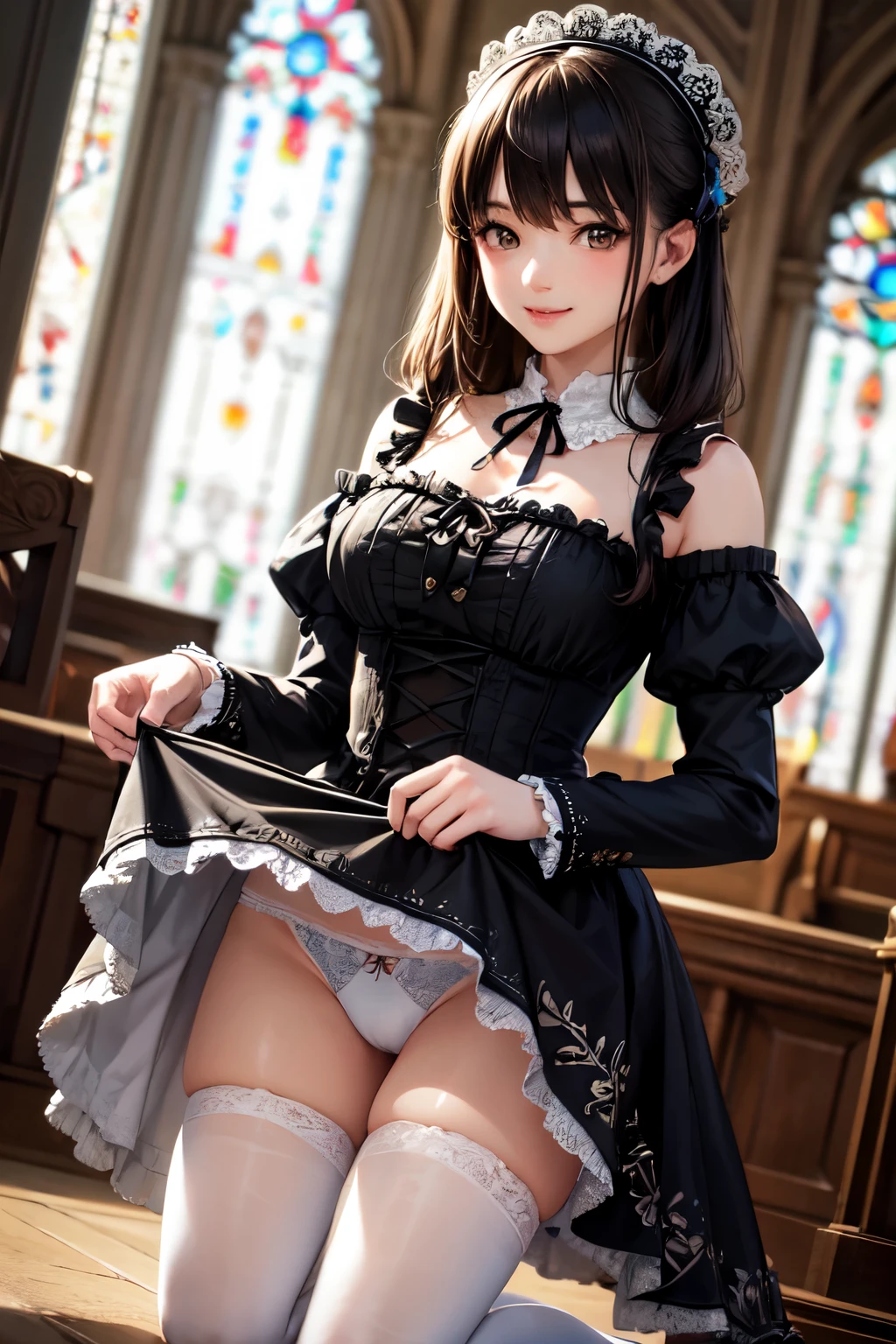very cute and beautiful girl,(highly detailed beautiful face),
(smile),blush,black hair,cowboy shot,looking at viewer,kneeling,
(floral pattern brown ta dress with detailed frills),detailed lace,skirt lift,white panties,
altar,church,indoors,
(best quality,masterpiece:1.0),absurdres,highres,ultra-detailed,extremely detailed,32k,8k resolution,
intricate details,cinematic scene,detailed background,solo,dynamic angle,