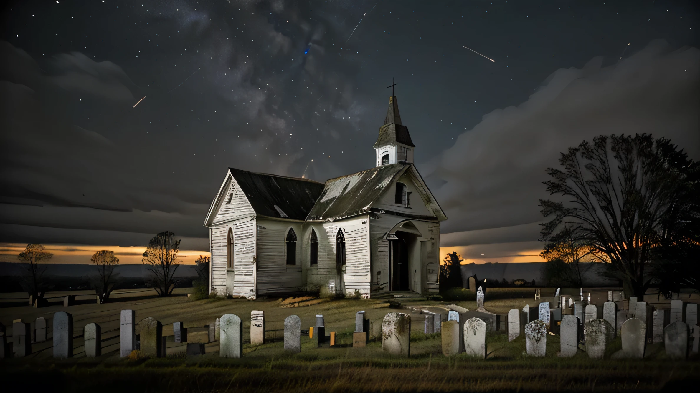 andrew wythe style, very old neglected church, white wood siding, deteriorated, out in a field, graveyard, night time