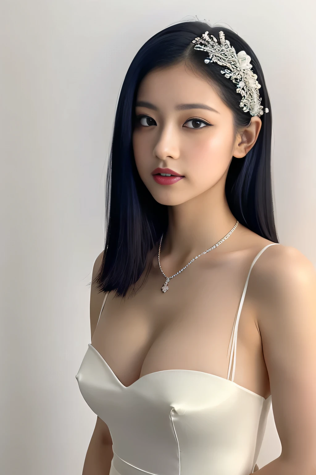 (great masterpiece、High level image quality、high quality),(japanese woman、women who want to get married、Idol、sexy、20's、1 girl)、(((Wedding dress、erotic、pure white,bride)))、(perfect anatomy、plump and beautiful limbs)、(((healthy body、beauty、beautiful skin、Huge 、cleavage、tight waist、Plump hips)))、Full body Esbian、(shining black hair、clear black eyes、beautiful lips、double eyelid、sexyなポーズ、The appearance of intense eroticism that fascinates you)、professional photos、artistic background、image movie、crystallization of love、pure love、painting works、white background、
