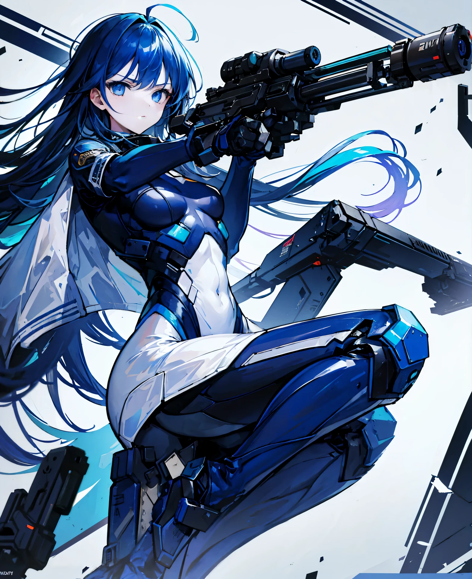 no background,girl,carry a firearm,Enamel style tight suit,use of firearms,dark blue long hair,attention arousal,blue colored eyes,no gradation