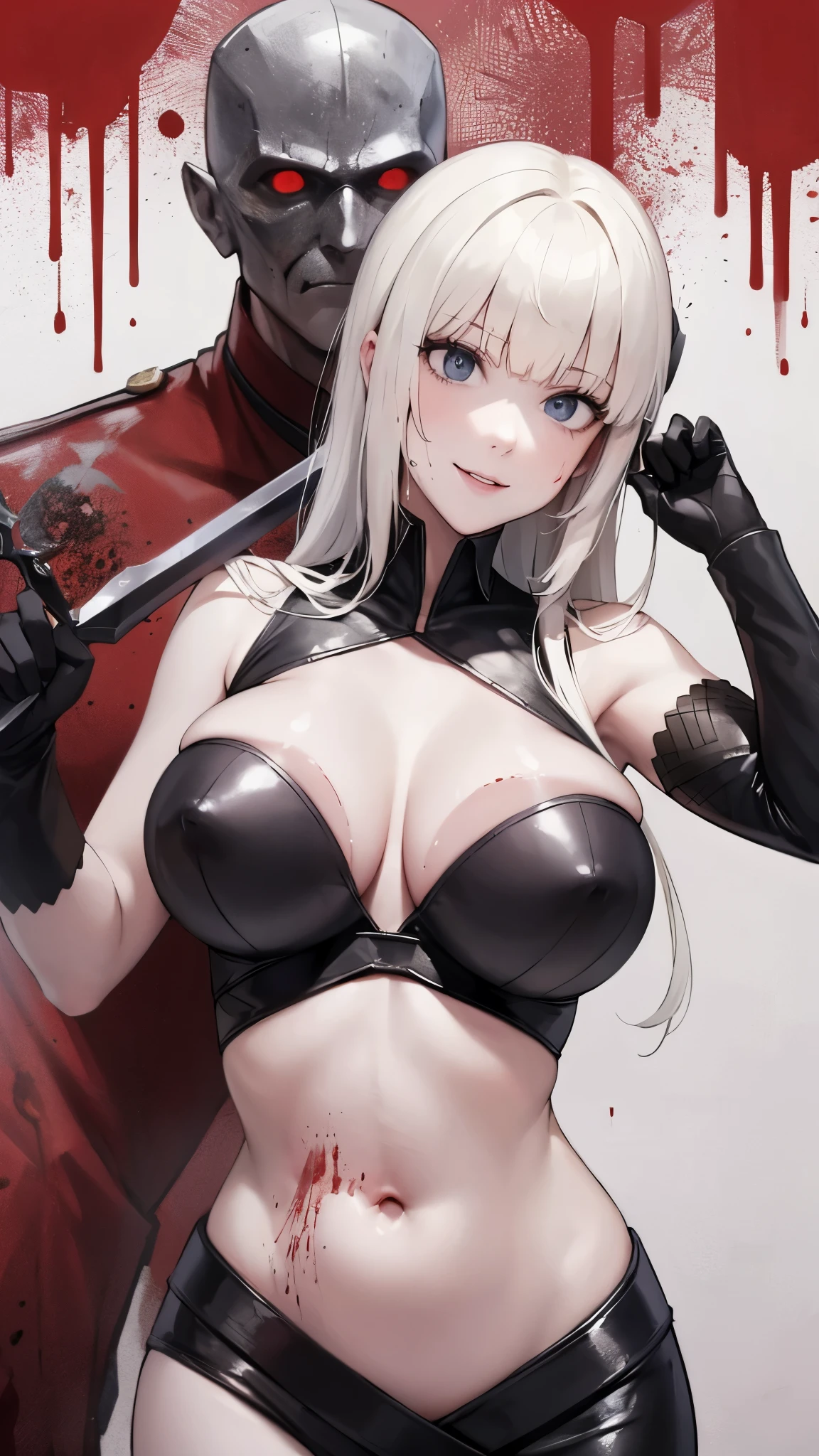 ((masterpiece)), ((best quality)), ((grotesque and splatter)), beautiful girl, curvy, tall, exposed belly, belly button, big breasts, femdom, slaughter, bloody white dress, Blood on the body, Bloody, Blood on the belly button, Blood on the belly, Blood on the breasts, tall, bloody knife, bloody sword, bloody belly, war, fight, kill, Behead, shot from below, POV from fallen enemies, sensual, Blood on the breasts, smile, spattered by much blood, having a big bloody sword, reflecting blood on the whole body, looking down on me, massaging breasts, getting excited sexially, kill everyone, blood splatter, cruel, background with battlefield, cut off head of man, holding a severed head