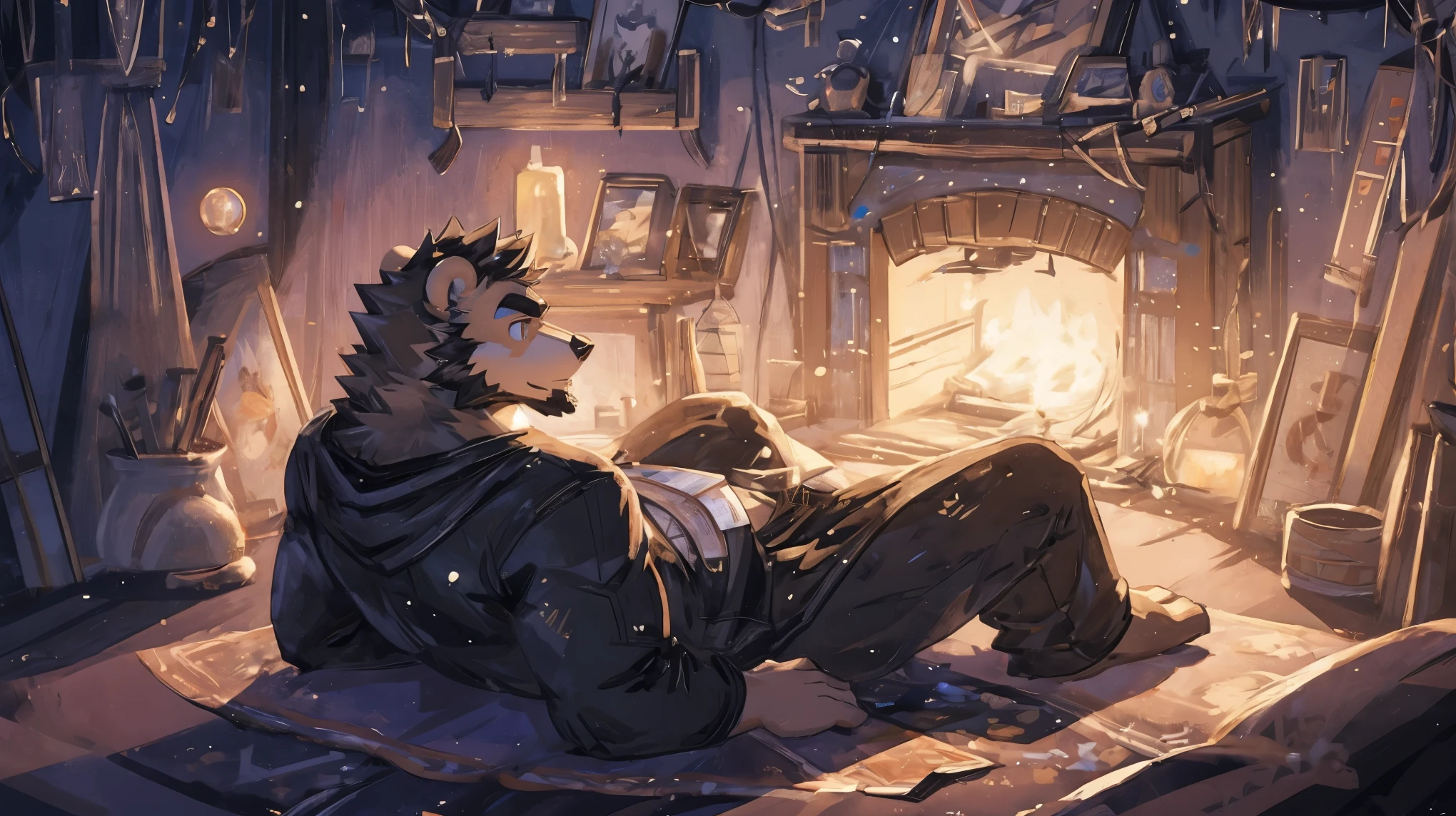 (masterpiece:1.2), best quality,pixiv,official art,perfect anatomy, (Ray tracing, light),solo, (1_male:1.3) , (muscle), (gray fur:1.4), (muscle bear), (beard:1.2), (gleaming golden eyes), Thick eyebrows, naked , cover blanket, bedroom, lying on the bed, french window , galaxy ,stars