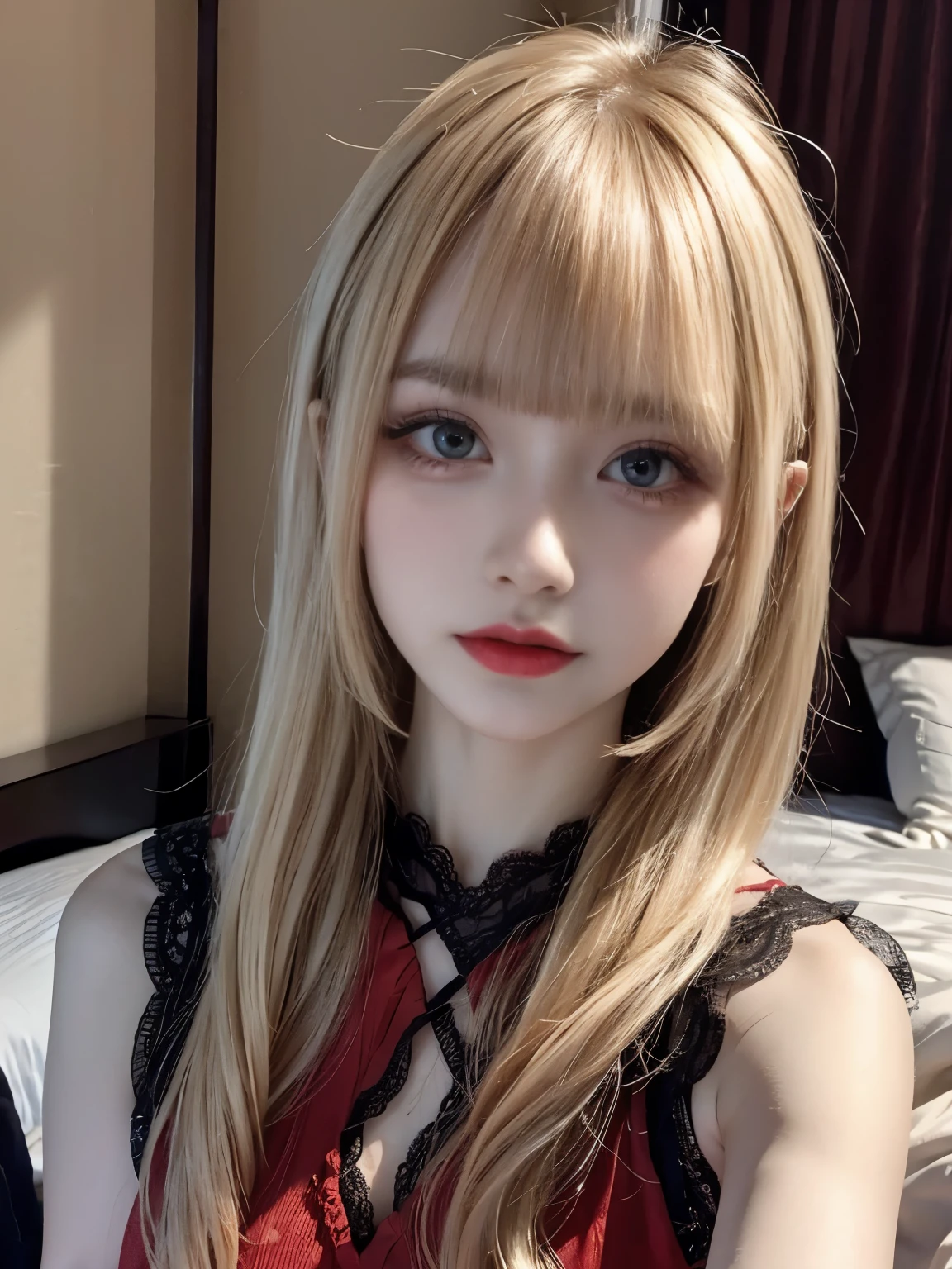 raw photo, 8k, (top-quality), Realistic, (real picture, Intricate details), (natural skin texture, detailed skin, hyper realism, sharpness), (Japanese teenage girl in a hotel, bedroom), ((red dress, sleeveless, lace dress)), (pale skin:1.2), slender body, ((light blond hair:1.3, long hair, blunt bangs)), (seductive face, expression of sadness, Parted lips:1.3, eye shadow, eyeliner, tear bag:1.2, red lip, undereye circle, crying, shed tears:1.2), night time, spot lighting:1.3, upper body shot