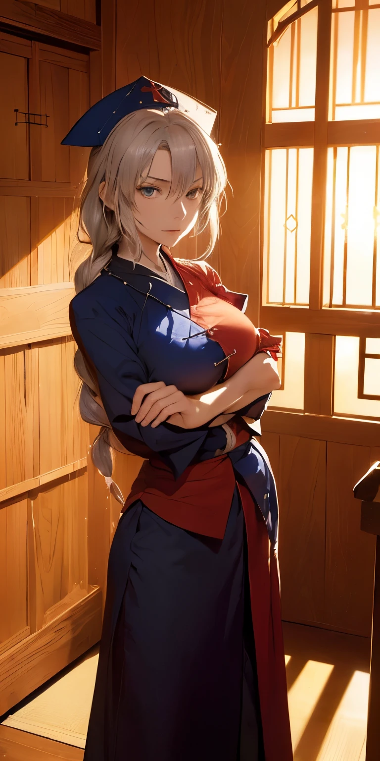 (masterpiece, best quality:1.3), (from below:1.3), Yagokoro Eirin, Touhou Series, perfect face, expressive eyes, 1woman, looking at viewer, 38 years old, gorgeous body, big breast, beautiful, anime, lora,1woman, silver hair, braid hair, nurse cap, red and blue clothes, long skirt, (evil look, looking down on viewer:1.5), (crossed arms:1.5), (cinematic lighting, realistic, dream-like, enchanting atmosphere:1.5), (photo of a woman in her dark and mysterious environment:1.3), (the woman surrounded by an aura of mystery and intrigue:1.3), (a japanese-style hallway and fusuma doors extend all the way to the back:1.3), (candles flickering, casting dancing shadows around the room:1.3), (the dim lighting adding to the ambiance of secrecy and mysticism:1.3), (a crystal ball nearby, adding to the mystical setting:1.3), (symbols of astrology and esoteric knowledge decorating the room:1.3), (a hint of incense in the air, adding to the sensory experience:1.3), 