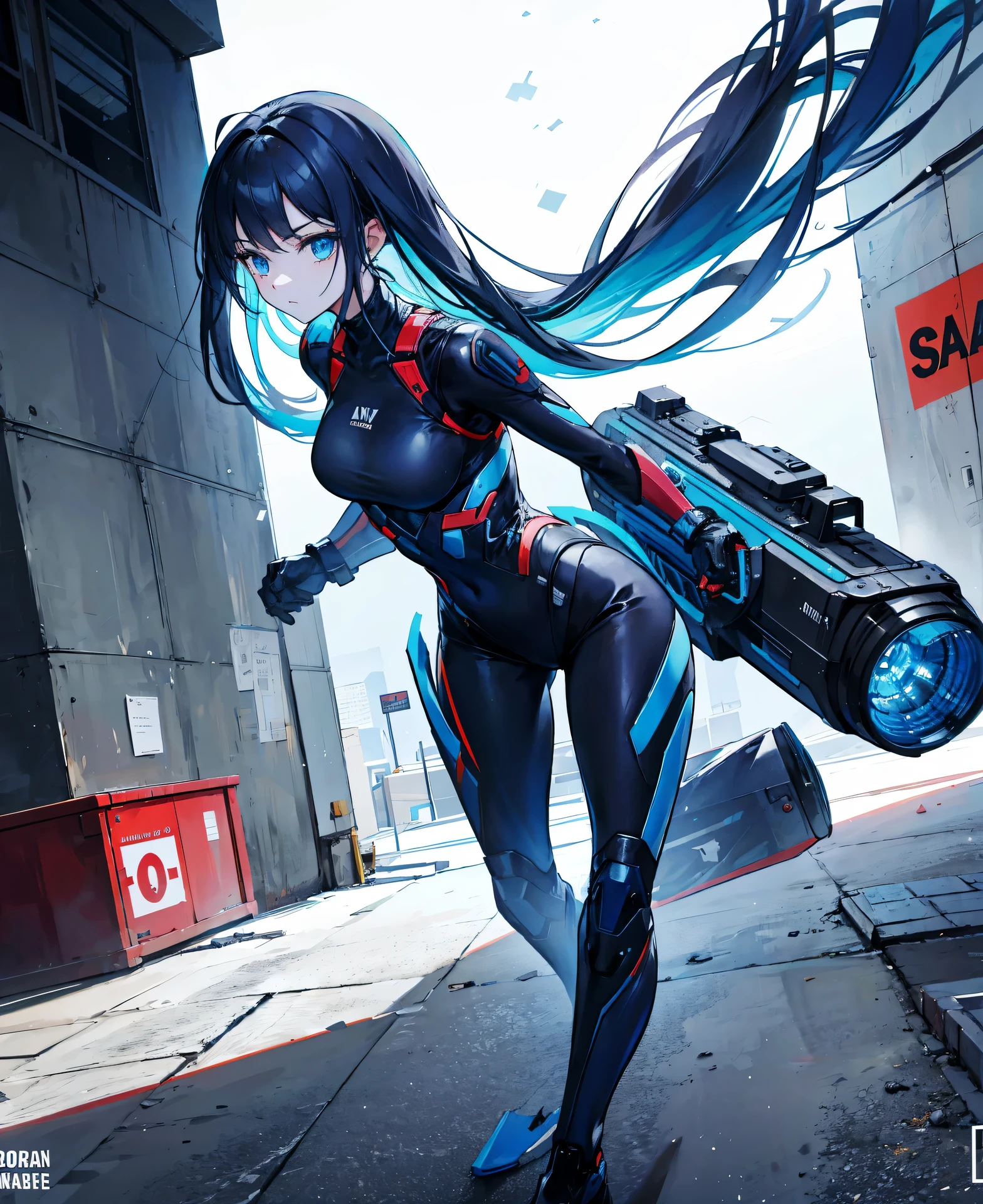 no background，girl，carry a firearm，Enamel style tight suit，use of firearms，dark blue long hair，attention arousal，blue colored eyes,no gradation