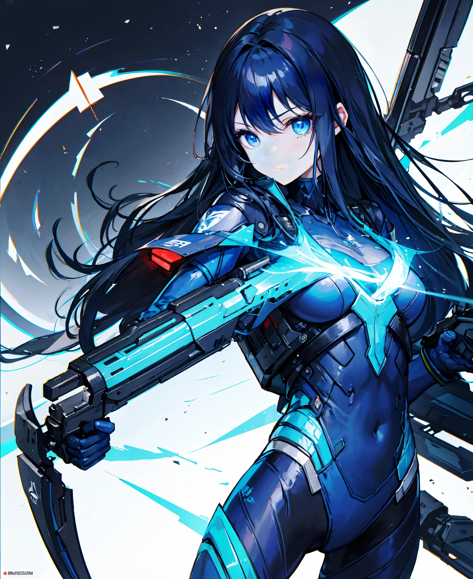 no background,girl,carry a firearm,Enamel style tight suit,use of firearms,dark blue long hair,attention arousal,blue colored eyes,no gradation