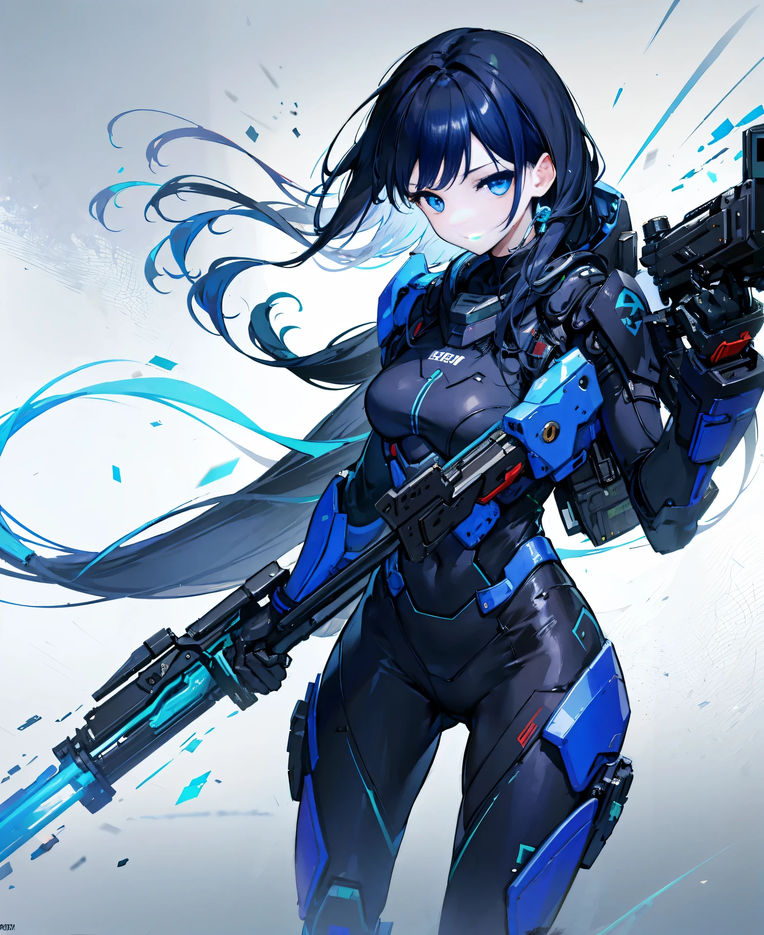 no background,girl,carry a firearm,Enamel style tight suit,use of firearms,dark blue long hair,attention arousal,blue colored eyes,no gradation