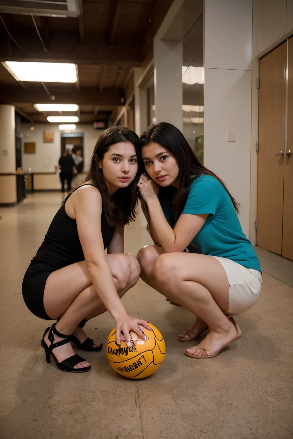 Personas en un circulo, one of them with a ball in her hand and the two people who are next to the one with the ball are crouched.