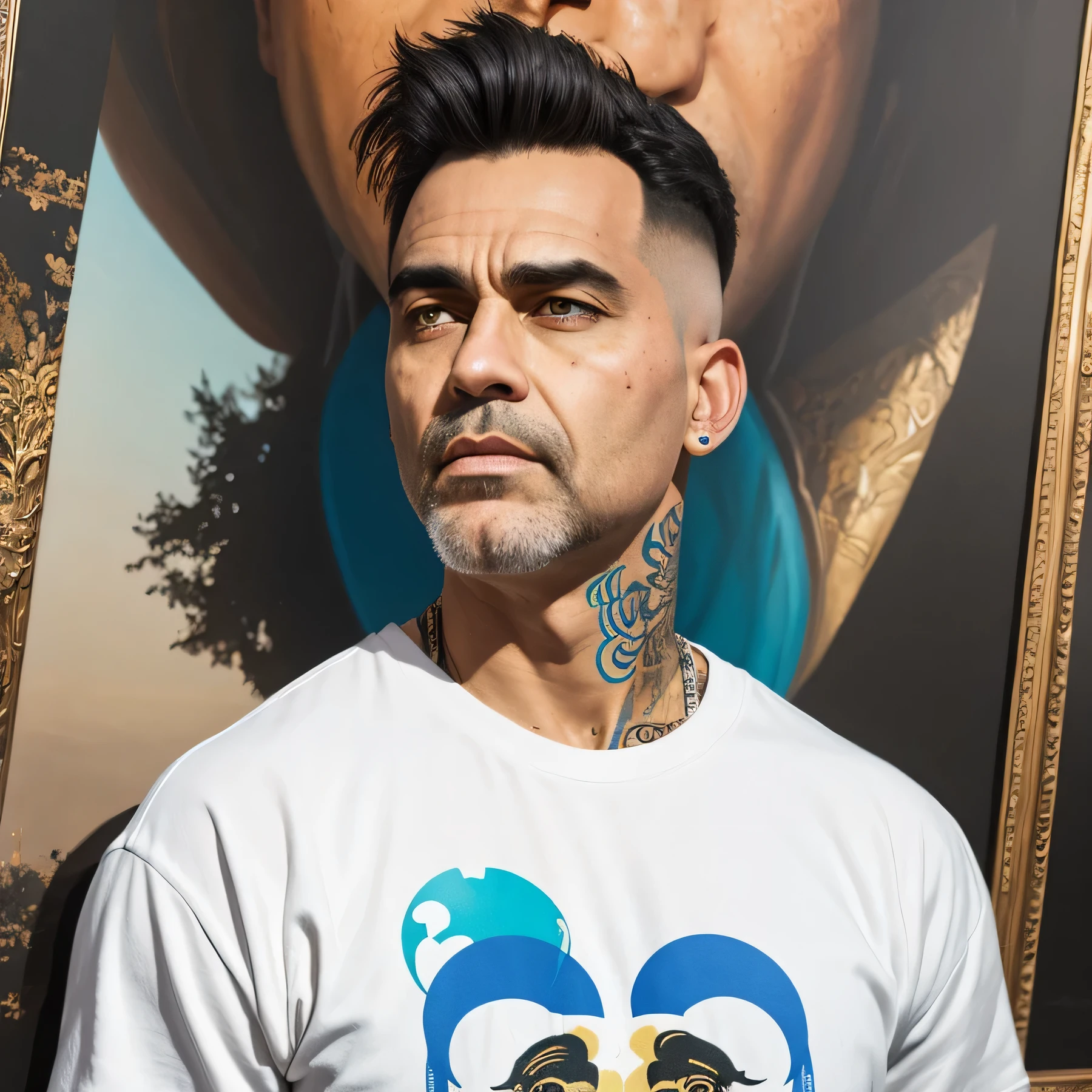 dpack2, wearing big white hiphop tshirt, black loose denim, tattoed arms, central character is depicted in stunning detail. This mesmerizing painting showcases the rough and weathered features of dpack2: his strong jawline, piercing eyes, and short spike hair, giving a glimpse into the hiphop world. The artist skillfully captures the authenticity of the character, with every crease and wrinkle expertly rendered, adding depth and realism to the image. Vibrant and rich colors bring life to the scene while creating a tangible sense of the game's immersive environment. This enchanting artwork superbly showcases the high caliber of the image through its intricate detailing and masterful execution.
