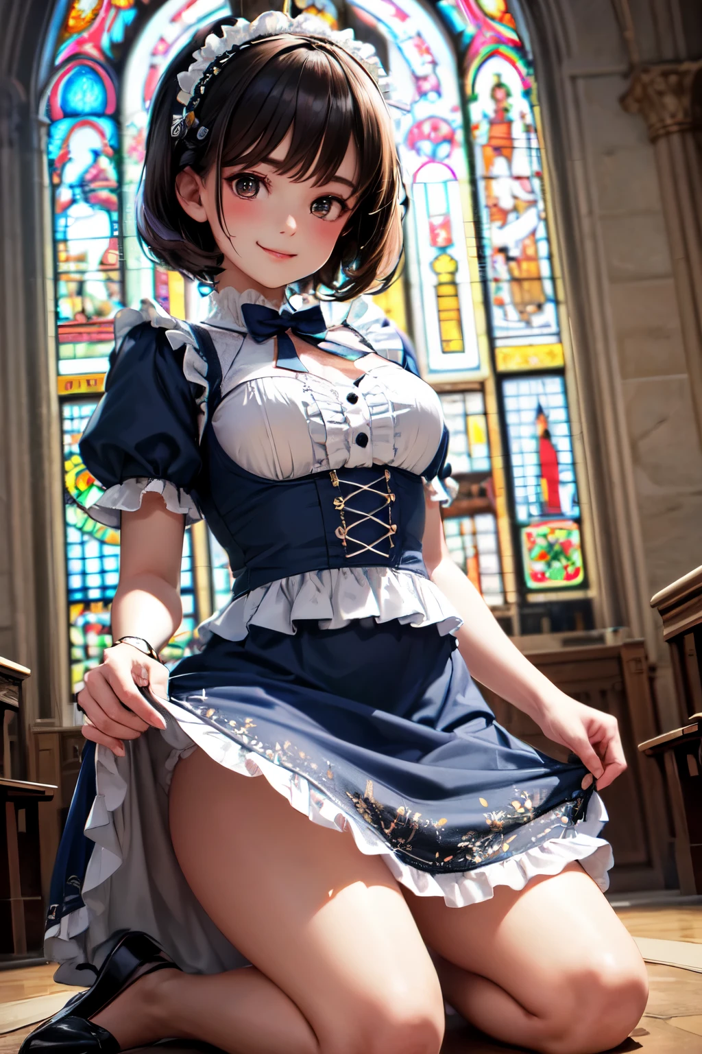 very cute and beautiful girl,(highly detailed beautiful face), (smile),blush,black hair,cowboy shot,looking at viewer,kneeling, (floral pattern blue lolita dress with detailed frills),detailed lace,(skirt lift,white panties), altar,church,indoors, (best quality,masterpiece:1.0),absurdres,highres,ultra-detailed,extremely detailed,32k,8k resolution, intricate details,cinematic scene,detailed background,solo,dynamic angle,realistic,