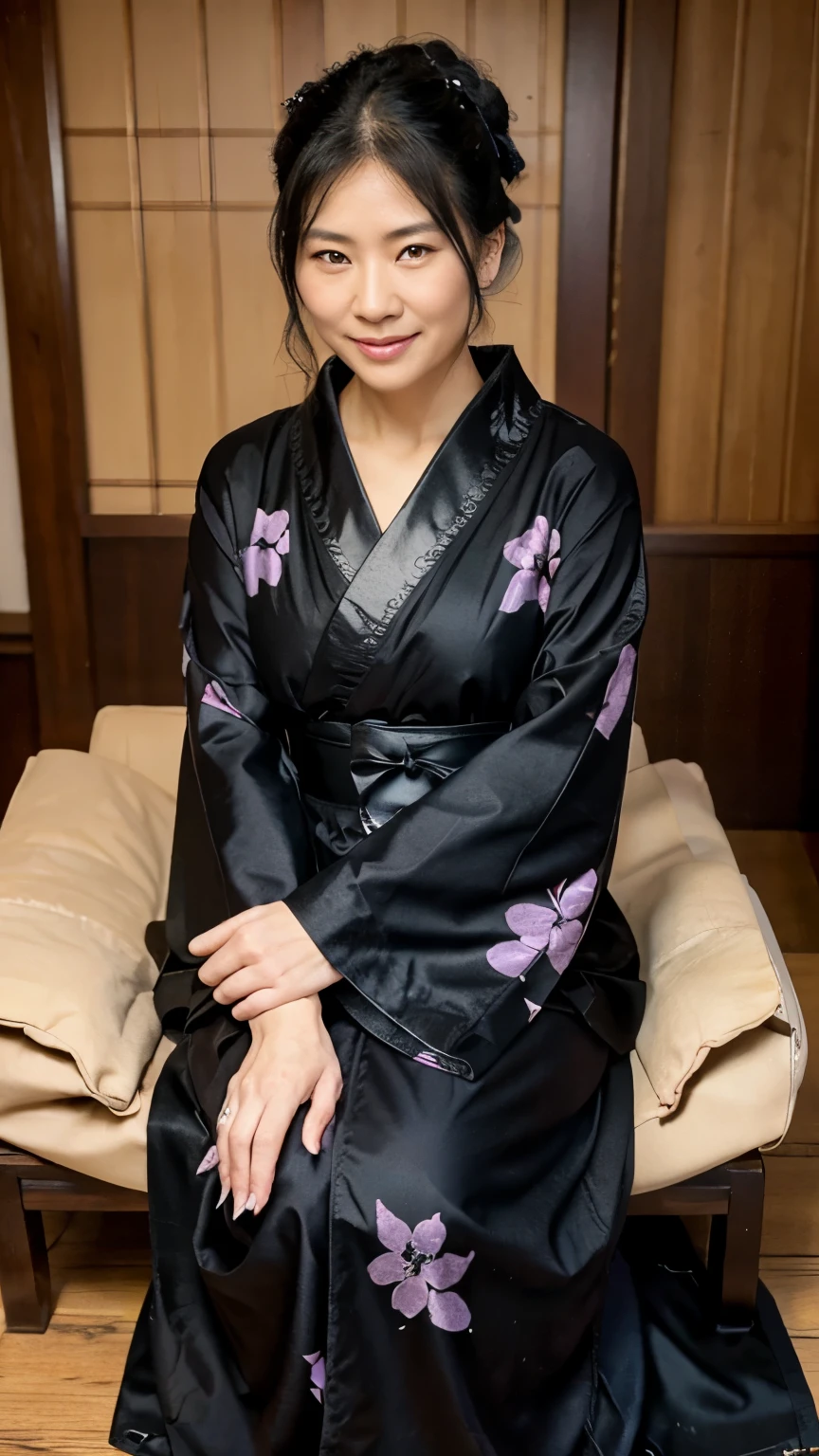 50 year old thin woman named Kikyo. Kikyo wearing a black kimono and had her black hair pulled into a big bun updo. A Japanese woman sits on in a Japanese wooden armchair. a white background. Smiles. folded her hands on her knees. The woman is 170 cm tall. Full body photography. Feet are turned to the left side of the screen. Black kimono with purple floral pattern.